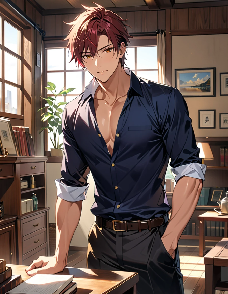 Ultra detailed, Highres, absurdres, HDR, Kurosaki Ichigo, orange hair, expressive brown eyes, park, fountain, Bleach, pink flowers, petals, sexy man, handsome, solo, very detailed eyes and face, butterflies, black clothes with patterns, master piece, toned chest, cherry blossoms