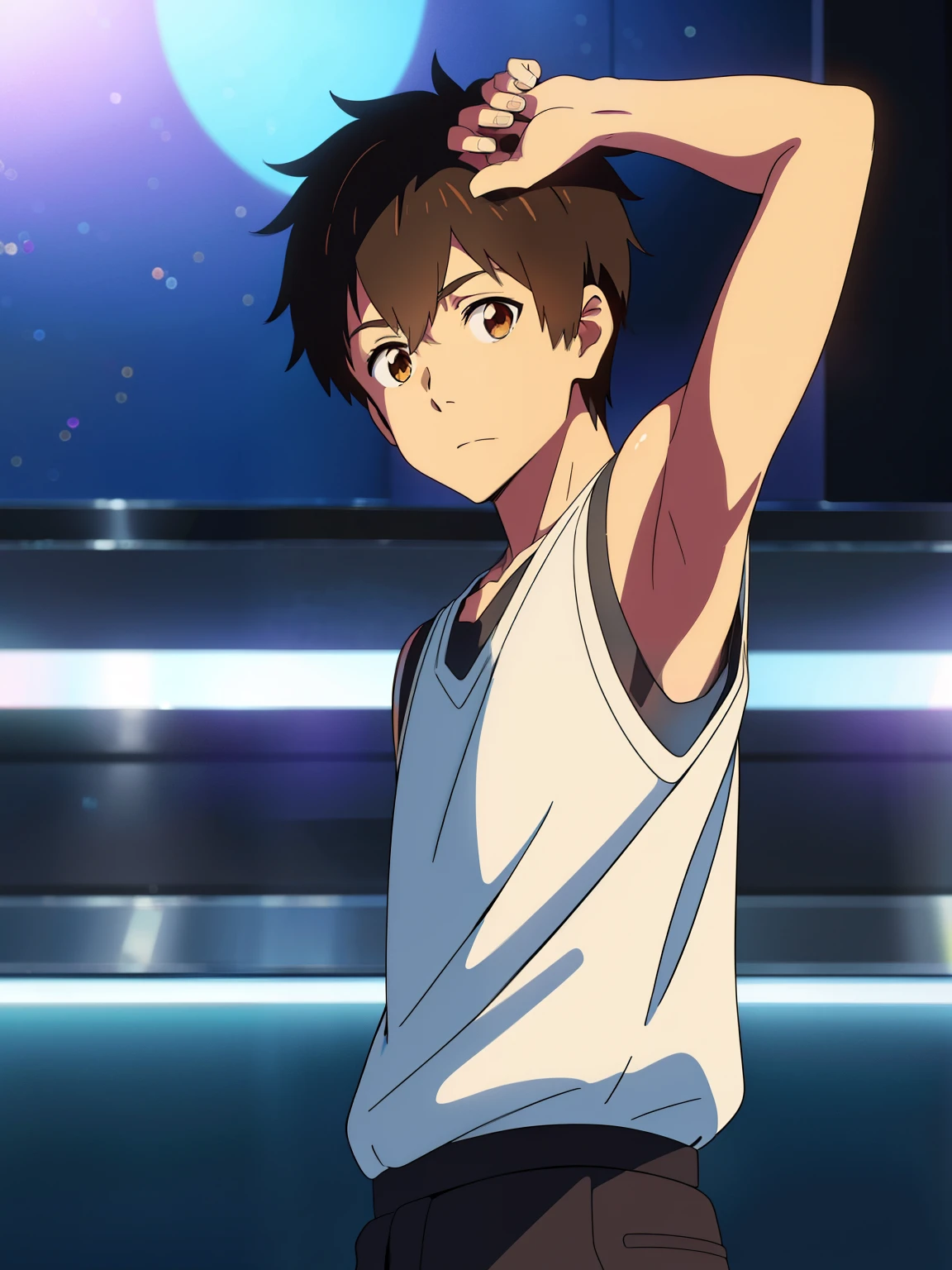 shinkai makoto, kimi no na wa, Highres, Masterpiece, Best quality at best,Best Quality,hight quality, hight detailed, Anime style, 1boy, Shota, young boy, tachibana taki, Solo person, Sleeveless shirt, (Seen from the front, look at viewer, Upper body), (very young boy), (very small and short body), (Showing armpit:1.3), blurry beckground, hansome boy, Uhd, bokeh