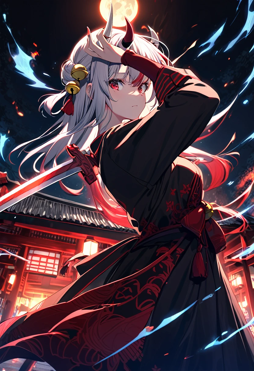 (High resolution,anime:1.4), ((Ayame Hyakki, Hololive, Gray Hair, Red Eyes, beautiful girl, Wearing a bell on his head,Horn on forehead)), Black kimono,Red decoration,Holding a sword,Dynamic pose,Shrine at night,The blue moon is out,Flashy light effects