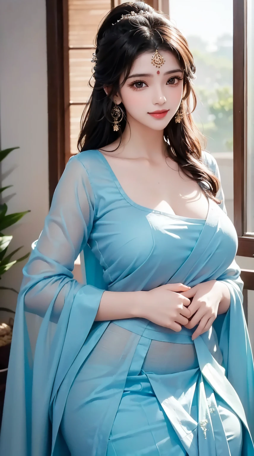 1girl, cute face,pretty face, jaw dropping beauty, cute smile, indian girl, ((indian mythology dress)),((indian mythology girl)), cute indian girl, bindi, ((beautiful bindi)), ((beautiful shiny accessories)), accessories, pony tail,((sanskari dress)), ((pure kapde)),full saree,((full light blue saree)),((full blouse)), ((ultra high detailed 1.9)),((ultra high resolution 1.9)),((ultra high quality 1.9)),(masterpiece)), (perfect lightings), (very Big breasts 1.9)), ultra huge breast , showing her cute body 