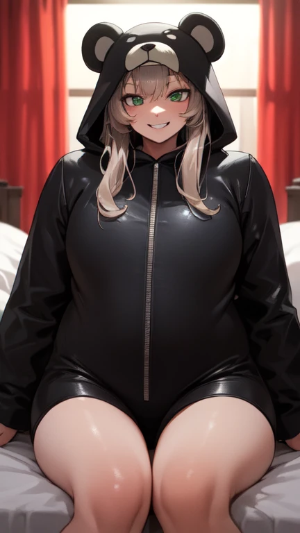 beautiful, (masterpiece), The best quality, (extremely DETAILED face), extremely DETAILED eyes,  perfect lighting, OverallDetail, DETAILED, deep skin,textured leather,
,bear costume ,black bear costume, mangas largas, hood up,,mauve , long hair, green eyes, big smile,in bed ,Sitting between pillows,
,