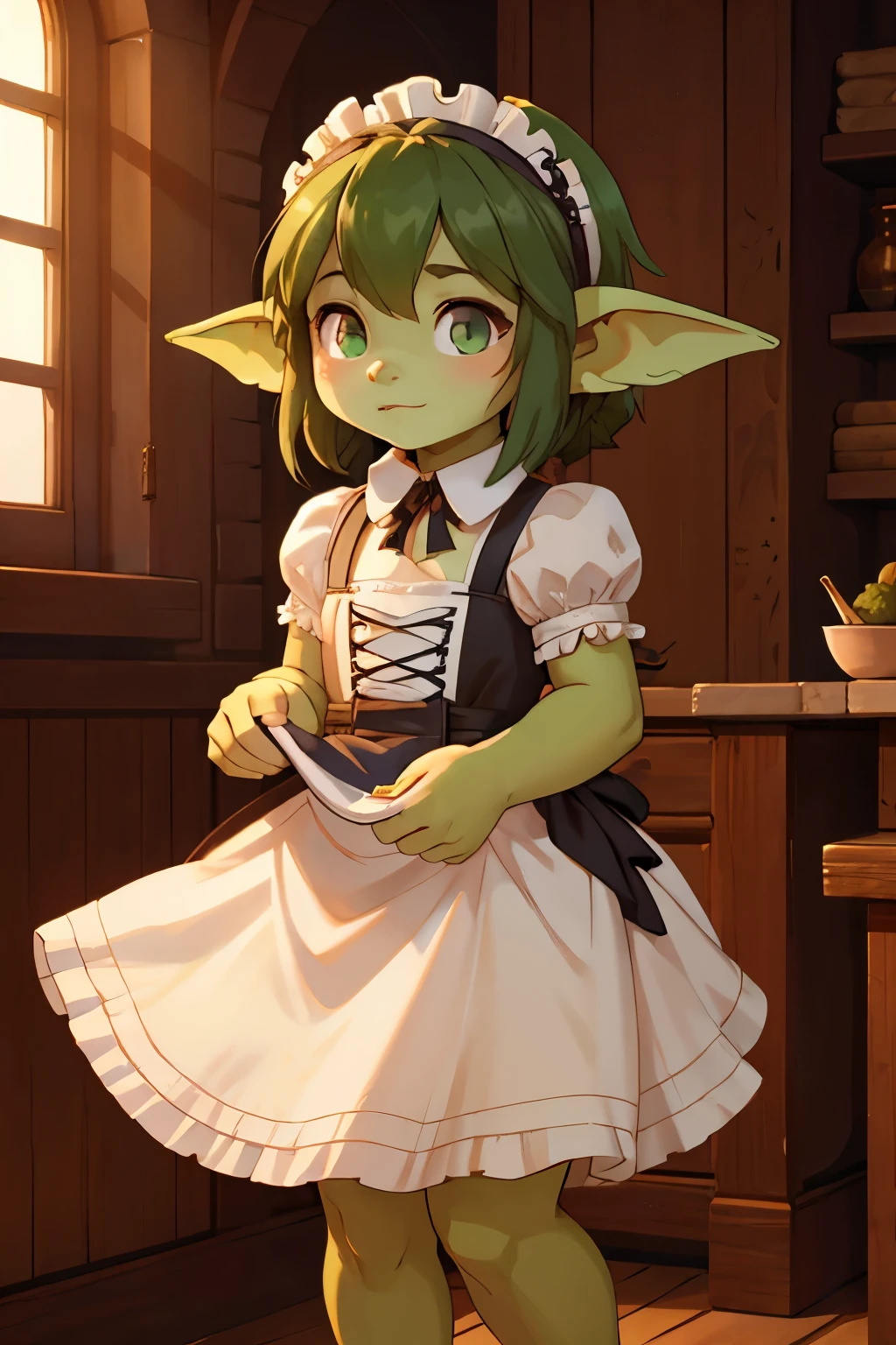 1girl,solo,goblin girl,black hair, short hairs,red eye,colored skin,green skin,huge breasts,glasses,(smug),seductive smile,maid,ring earrings,chocker,mansion kitchen,cowboy shot,apron, (naked apron:1.8),(sitting), on counter,arms support,(night),wine,drunk