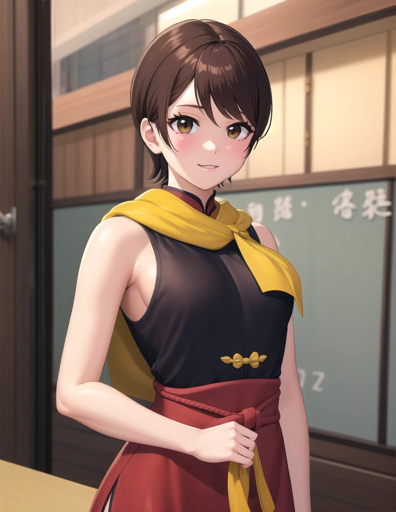 Score_9, Score_8_up, Score_7_up, sauce_anime,
Irene,  Irene, Side parted semi-short hair, Brown eyes, Brown Hair, Hair between the eyes,Irene, Brown short hair, standing, smile, Cute expression,Upper Body,Observe the audience, A little thick,IreneのSide part semi-short,Medium Hair,Ireneの前髪,Ireneの真ん中の髪の毛, Ireneの後ろ髪,Ireneの顔,Ireneの肌色,Ireneの体,Ireneの目,Ireneの素手,Ireneの素足,Modest auburn hair, Side part semi-short,Messy Hair, Black and subtle red,Monkey Fist User Player、Large bust、Monkey Fist User、Cute expression、Inside the Monkey Fist User Gymnasium、On the tatami、discovery、One Girl、The whole body is standing、rest、Irene、Bust size upper 82, Under bust size 69, small B cup、From an early age, Raised by his grandfather, Martial artist.、Height 159.5cm、Lost his parents at a young age、Ireneは京劇家になった、Ireneの匂い、可愛いだけじゃなくて強いIrene、PS3オリジナル版のIrene、Five fingers of the hand、Five toes、587 winning streakしたIrene、Highest winning streak: 587 winning streak、Irene汗臭い、Irene汗垂れている 
指なし手袋,boots, Yellow scarf, Polka dot chinese dress, Elbow pads, ribbon, belt,standing,Upper Body,
indoor, classroom, smile, Hunchback Cowboy Shot, Watch the audience, Dutch Angle,
(Very detailed, Beautiful detailed face, masterpiece, Best Quality), 