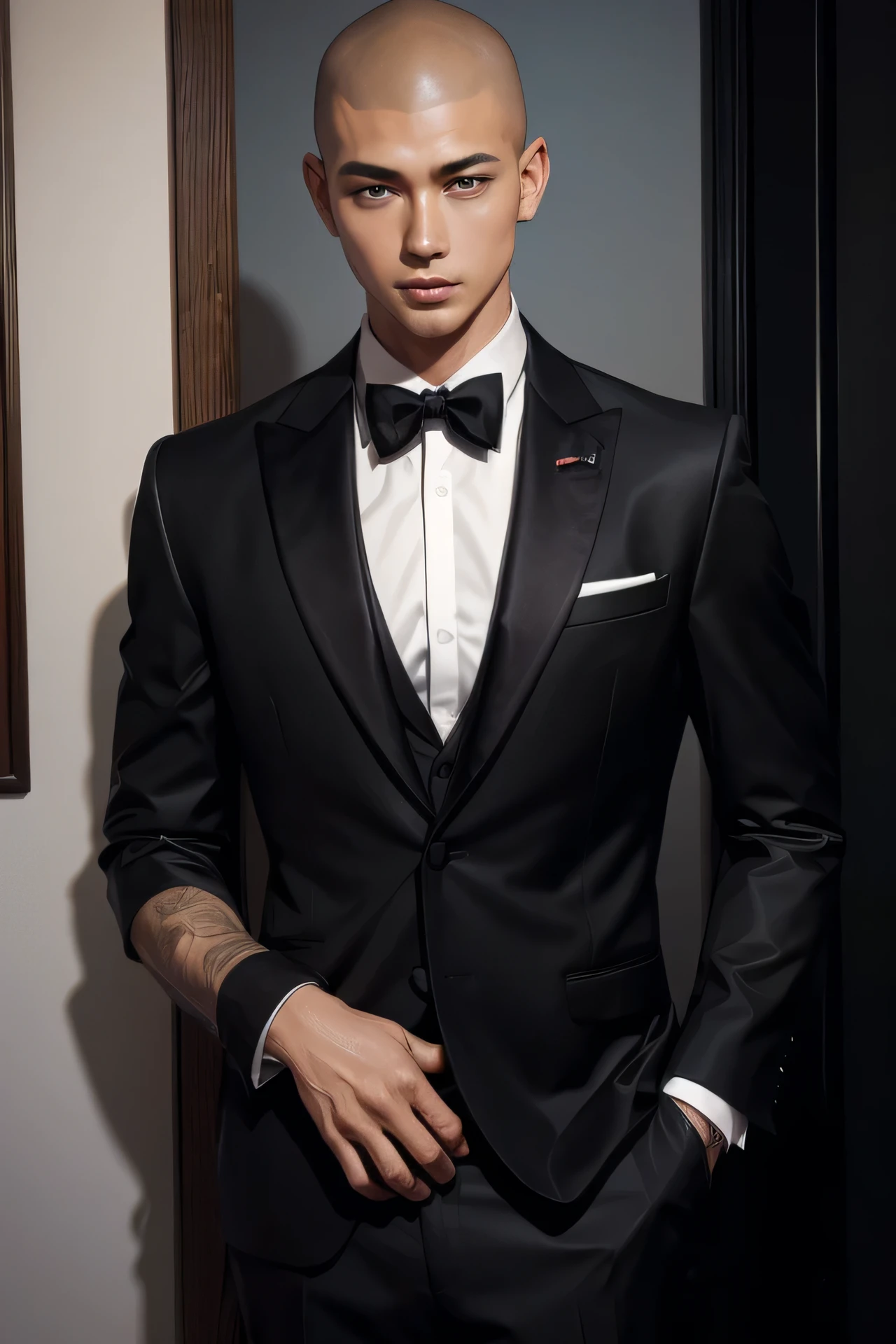 Japanese　　Handsome　Short cut　Shaved head　Black Hair　male　Black Tuxedo　formal　Upper Body　Background Universe　Short cut　Shaved head　Men flirting with each other　Unbutton　Undress