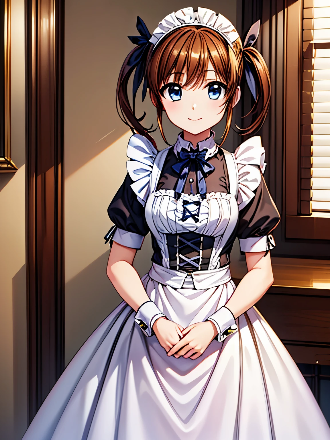 Best Quality、High resolution, Best Quality,Otome、One Girl、Shooting from the front、smile、(Anime illustration style:1.2),takamachi nanoha, Brown Hair, Twin tails, blue eyes、Mouth closed、standing、White maid outfit、(Victorian maid outfit:1.5), Very detailedな顔, perfect lighting, Very detailedなCG, (Perfect Anatomy),Sharp focus, (Very detailed, bloom, Shine)、(Genuine、Realistic、Realistic)、High resolution、超High resolution、Ultra-fine painting,