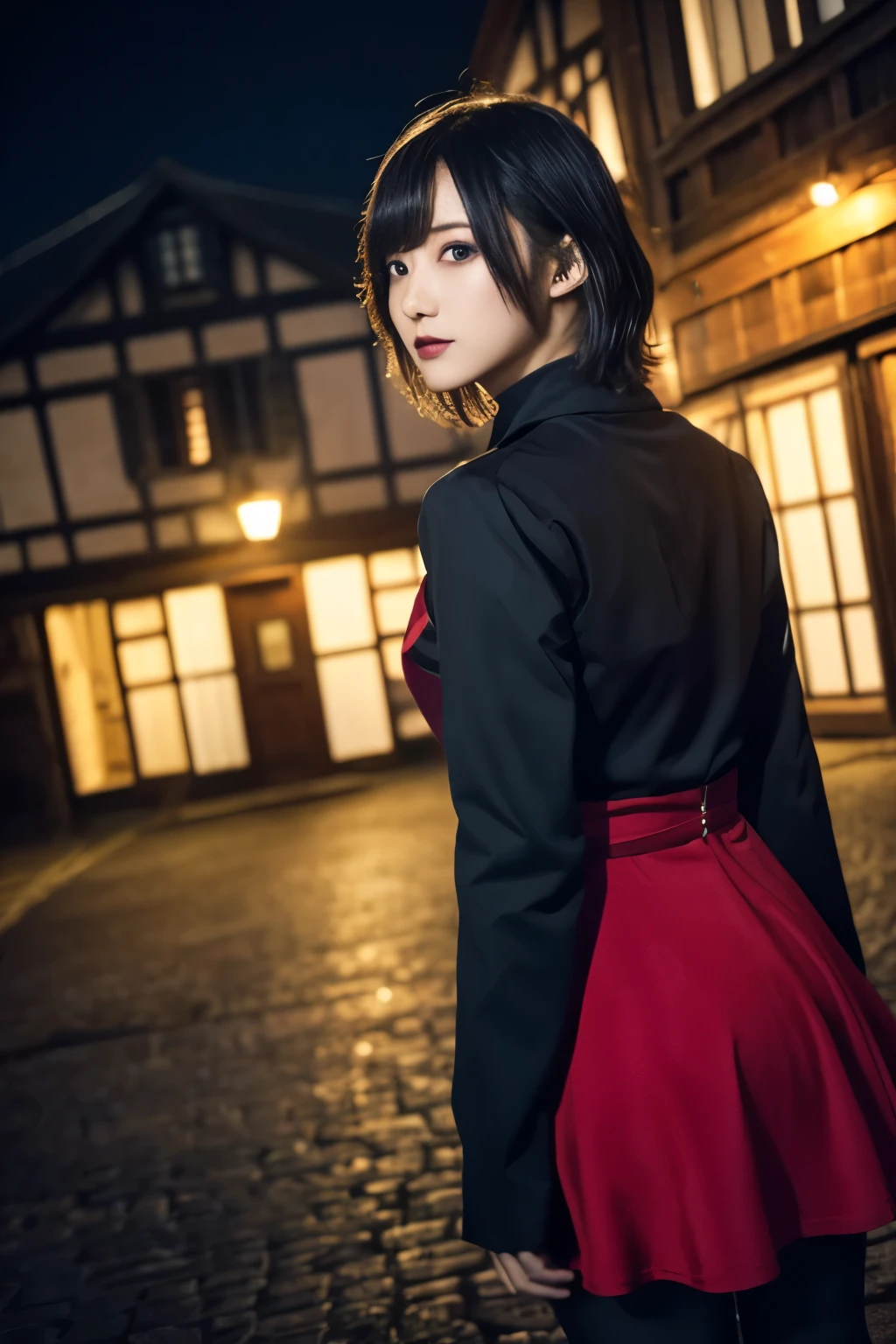 1 girl, (She is wearing a red dress:1.2), (Gothic Makeup), Portrait of a very cute Japanese symphonic metal singer, (RAW Photo Best Quality), (Realistic, Realistic:1.4), (masterpiece), 
that&#39;Very delicate and beautiful, Very detailed, 2k wallpaper, wonderful, finely, Very detailed CG Unity 8K wallpaper, Very detailed, High resolution, Soft light, 
Beautiful detailed girl, Very detailed目と顔, A beautiful and elegant nose, Beautiful beautiful eyes, Cinema Lighting, 
(She stands in an empty medieval town:1.3), (Night Sky, milky way), (Girl full body silhouette:1.2), (Dark screen:1.5), (I am so lonely), (Please show me your ass),
(short hair), (Messy Hair), 
Perfect Anatomy, Slender body, Small breasts