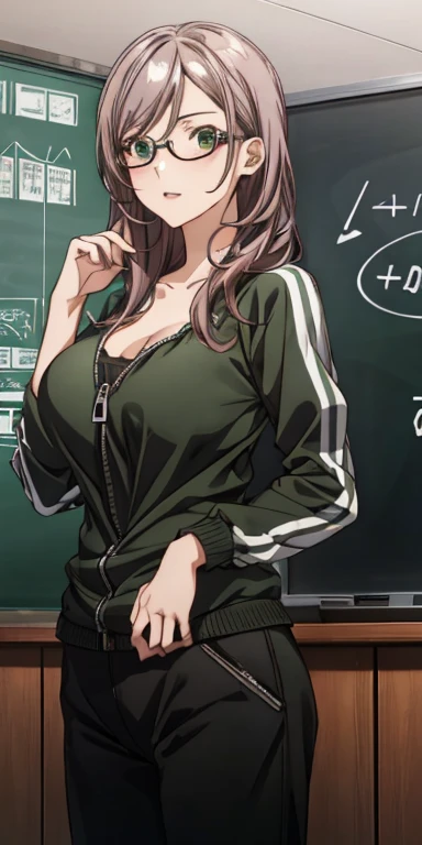 Best Quality、High resolution、Photorealistic、NSFW、Big Breasts、Incredibly large breasts、Tight waist、Stylish body、The frame is not cracked、A green tracksuit with long sleeves and trousers with a zipper and white stripes、The zipper opens completely, exposing her cleavage.、textbook、Square Glasses、Brown hair tied up、Classroom podium、A beautiful female teacher standing in front of a blackboard with mathematical formulas written on it、