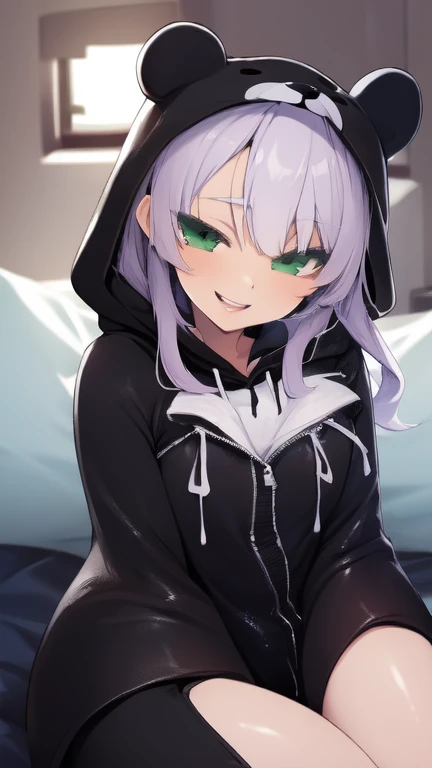 beautiful, (masterpiece), The best quality, (extremely DETAILED face), extremely DETAILED eyes,  perfect lighting, OverallDetail, DETAILED, deep skin,textured leather,
,bear costume ,black bear costume, mangas largas, hood up,,mauve , long hair, green eyes, big smile,in bed ,Sitting between pillows,
,