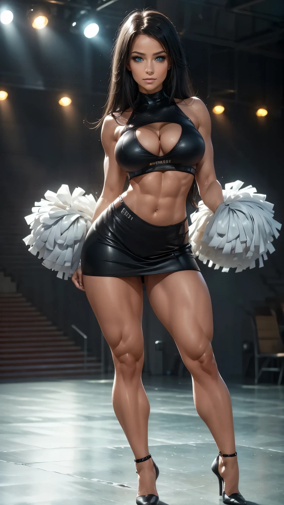 Female cheerleader., ((malisa mendiny)), very Beautiful , hot body, narrow waist, (( Micro falda)), full body shot , in a full stadium. Manos perfectas, cuerpo perfecto, anatómicamente correcto, con curvas, The best quality, 8k resolution, High resolution, High details, very detailed, depth of field,