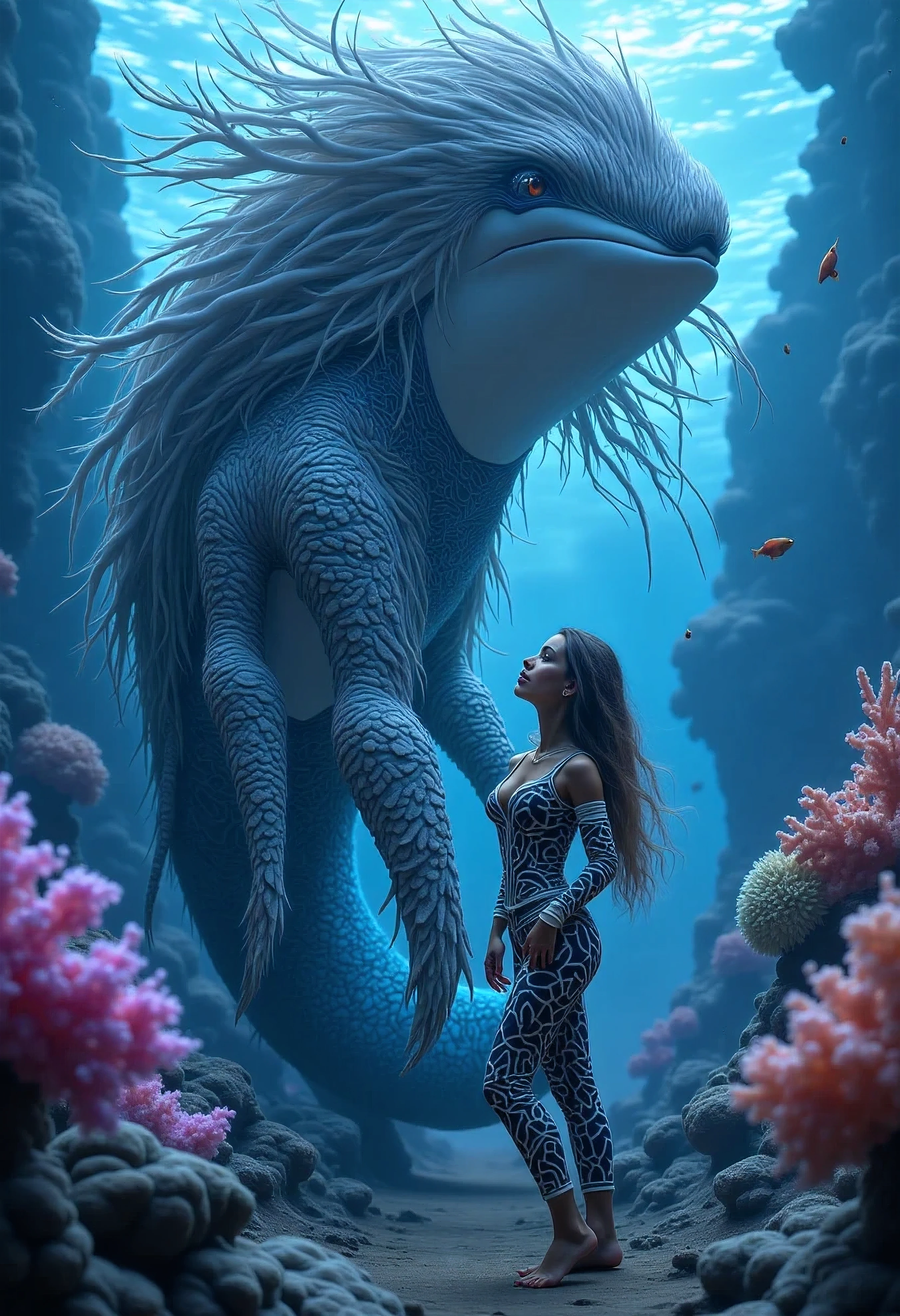 (masterpiece, best quality, ultra-detailed, best shadow), (beautiful detailed face:1.3),(solo), (family_friendly:0.8),high contrast, ultra-high resolution,(1girl under deep sea:1.6),(diving AND petting a whale:1.3),full body, diving suit,refract light from above,glowing_light,vivid seaweed,colorful corals, looking_afar, tropical fish,(turbulence disturbed hair:1.2),([blue|silver] hair:1.1) 