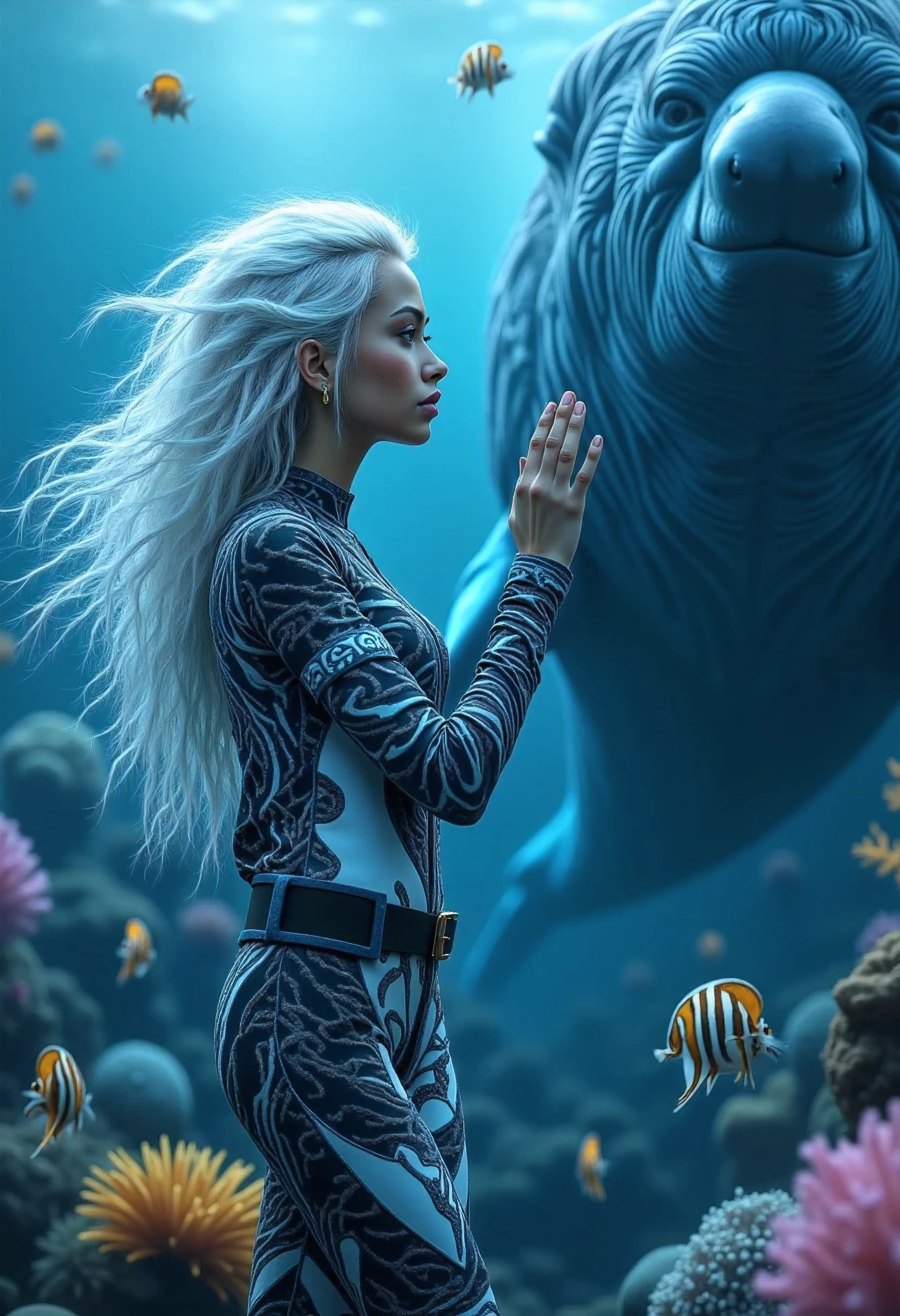 (masterpiece, best quality, ultra-detailed, best shadow), (beautiful detailed face:1.3),(solo), (family_friendly:0.8),high contrast, ultra-high resolution,(1girl under deep sea:1.6),(diving AND petting a whale:1.3),full body, diving suit,refract light from above,glowing_light,vivid seaweed,colorful corals, looking_afar, tropical fish,(turbulence disturbed hair:1.2),([blue|silver] hair:1.1) 
