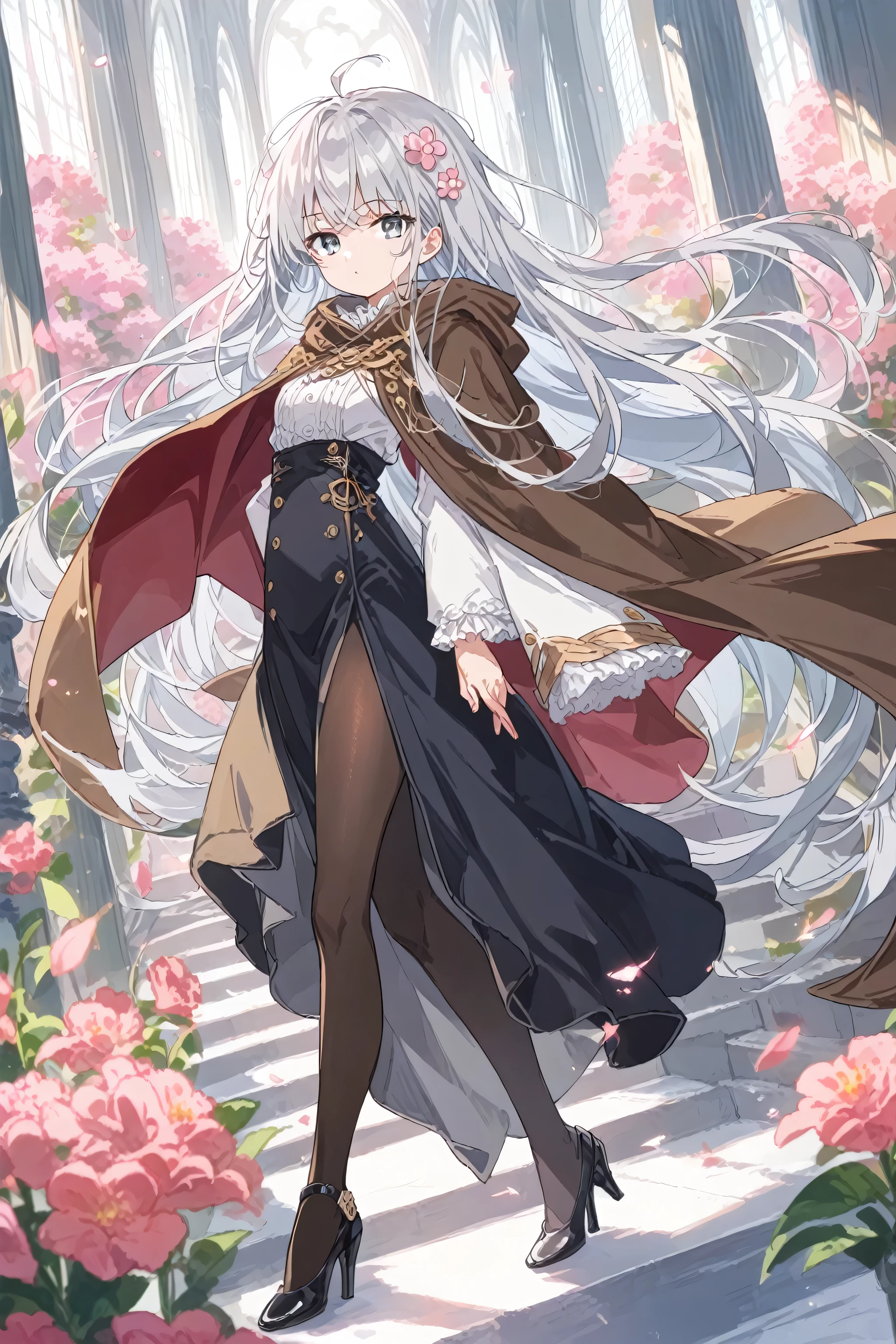 score_9, score_8_up, score_7_up,source_anime,
16K,Top-quality,Masterpiece,Very aesthetic,Absurdres,High resolution,Official art,Anime screencap,Anime coloring,
Cinematic,Dynamic angle,
1girl,Solo,Cool girl,Missy,(,:1.2),
Light gray hair,Very long hair,(Curl hair,Messy hair),Bangs,Eyebrows visible through hair,
Blue gray eyes,
Thick thighs,
Pink flower hair ornament,Bare shoulders,
Knit cape,Brown cape,Big cape,Cape on shoulders,
White shirt,Jet black skirt,Very long skirt,Long sleeves,Wide sleeves,Side slit,
Black footwear,High heels,Black pantyhose,Black ribbon,
Inroom,Morning Sunshine,
Anguish,Seductive