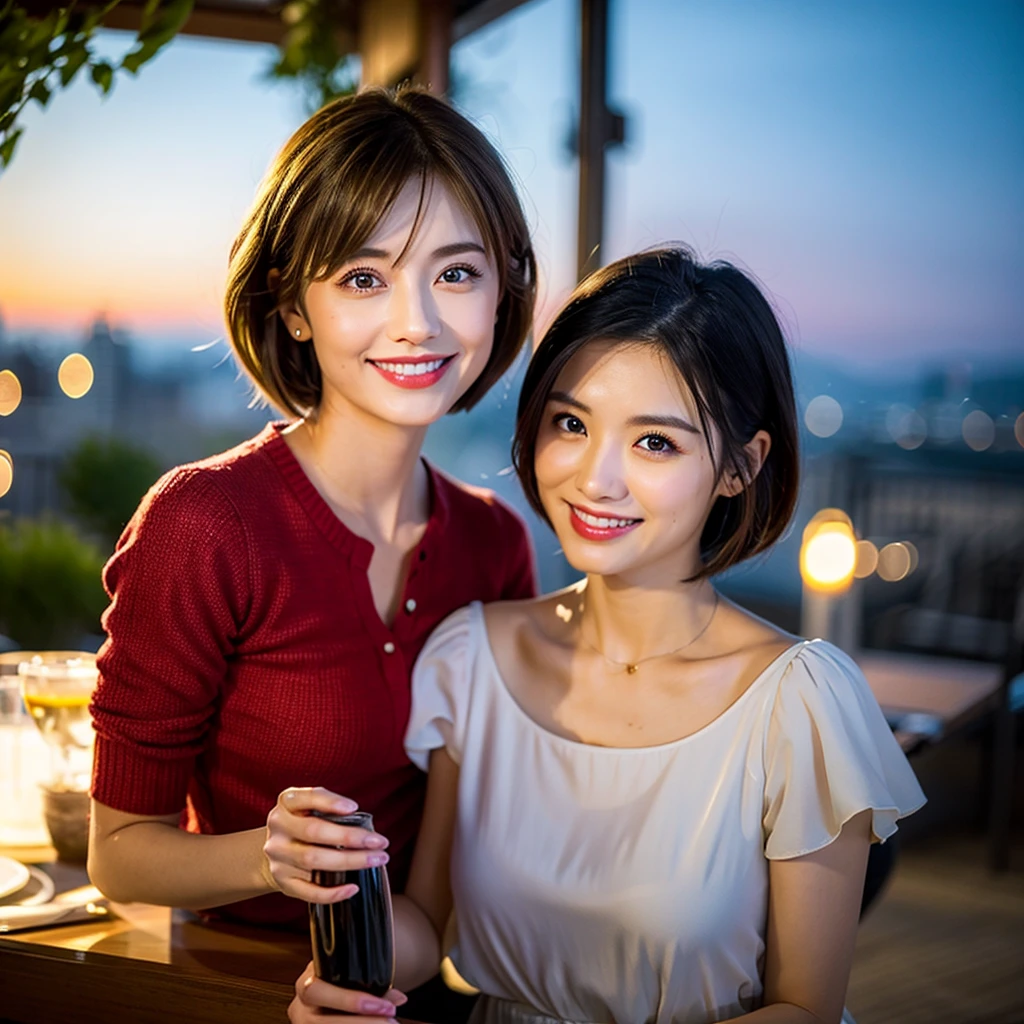 ((Highest quality、8K、masterpiece:1.3))、slimカップル、Pink rubber、modelカップル、(Realistic, Intricate details:1.2), full-course dinner、Wine Party、Amazing view of the sunset sky and clouds、A bright smile、The wonderfulness of smile、Bright image、The beauty of wine, Beautiful Face, blue eyes, The light shines on your face, Blushing, short hair,Bright Face、 (Age 37), 39 years old, red wine 、Appetizers、Italian food、Wine bottle、Champagne、sparkling wine、Two beauties、Brown Hair、Shortcuts、Long sleeve shirt、dress、Beautiful woman 1, (slimな顔), (The body is slim), (Brown Hair), (Shortcuts), cheeks turn a little red,Attractive beauty、restaurant, In a prominent place (From the waist up) Nova Frog Style, actress, model, Upper Body, White wine, slim, wine glass, 中央に置かれたwine glass, smile, (smile: 1.15), Beautiful fine grain, Depth f/2,saturation, High Contrast, Strong light and shadow,Moist Body:1.5、3D texture、Delicate eyes、Brown Hair、The hair is very shiny、