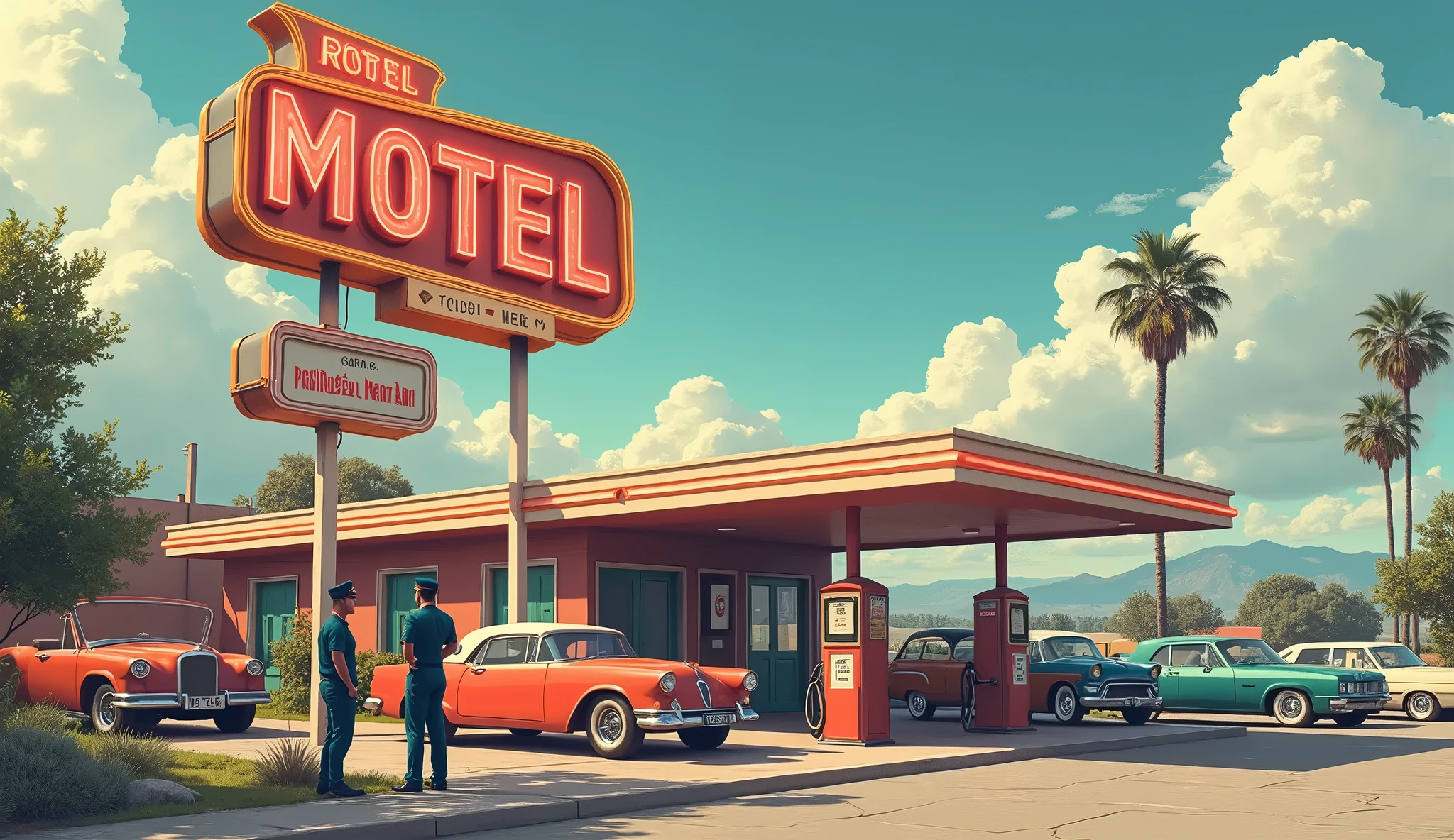 A retro-style motel with a bright neon MOTEL sign stands prominently, featuring a vintage gas station nearby. The scene includes two attendants, one standing outside the motel entrance and another near the gas pumps, both dressed in uniforms. Classic cars fill the parking area, and there are a few people interacting, creating a lively atmosphere. The sky is partly cloudy, enhancing the nostalgic vibe of the setting.