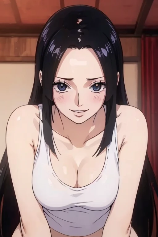 (((masterpiece))), (((best quality))), ((ultra-detailed)), (highly detailed CG illustration), Boa Hancock, (nsfw:1.4), (masterpiece:1.5), Detailed Photo, Smiling, Sexy, (Best Quality: 1.4), (1girl), Beautiful Face, (Black Hair, long Hair: 1.3), Beautiful Hairstyle,  beautiful detail eyes, (realistic skin), beautiful skin, absurd, attractive, ultra high resolution, high definition, (sexually aroused:1.5), Pinkish white skin, cool white light, sexy pose, Beautiful , white background, pink soft white light, Wear a white tank top,