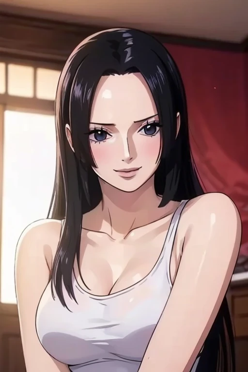 (((masterpiece))), (((best quality))), ((ultra-detailed)), (highly detailed CG illustration), Boa Hancock, (nsfw:1.4), (masterpiece:1.5), Detailed Photo, Smiling, Sexy, (Best Quality: 1.4), (1girl), Beautiful Face, (Black Hair, long Hair: 1.3), Beautiful Hairstyle,  beautiful detail eyes, (realistic skin), beautiful skin, absurd, attractive, ultra high resolution, high definition, (sexually aroused:1.5), Pinkish white skin, cool white light, sexy pose, Beautiful , white background, pink soft white light, Wear a white tank top,