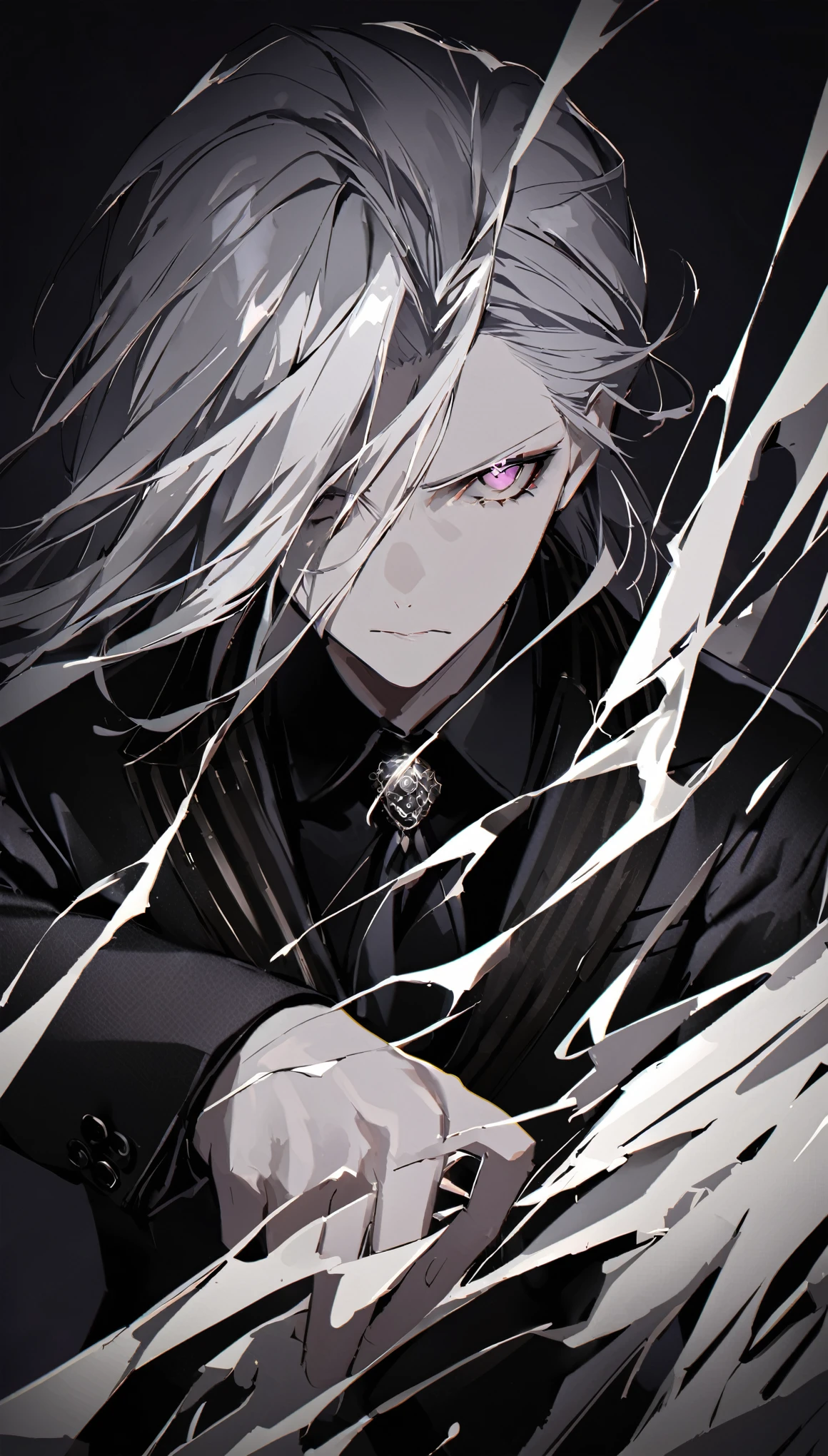 one, Wearing an elegant black suit,Reminiscent of classic mafia attire, Occupies the center of the picture. His silver hair shines, It contrasts sharply with his dark attire.. A white mask covered his face., Only his eyes are left to penetrate the darkness. These eyes are a mesmerizing blue, Shining with a firm and stern gaze. The background is a vivid black and white pattern, Adds a touch of intensity to the image.Dim background