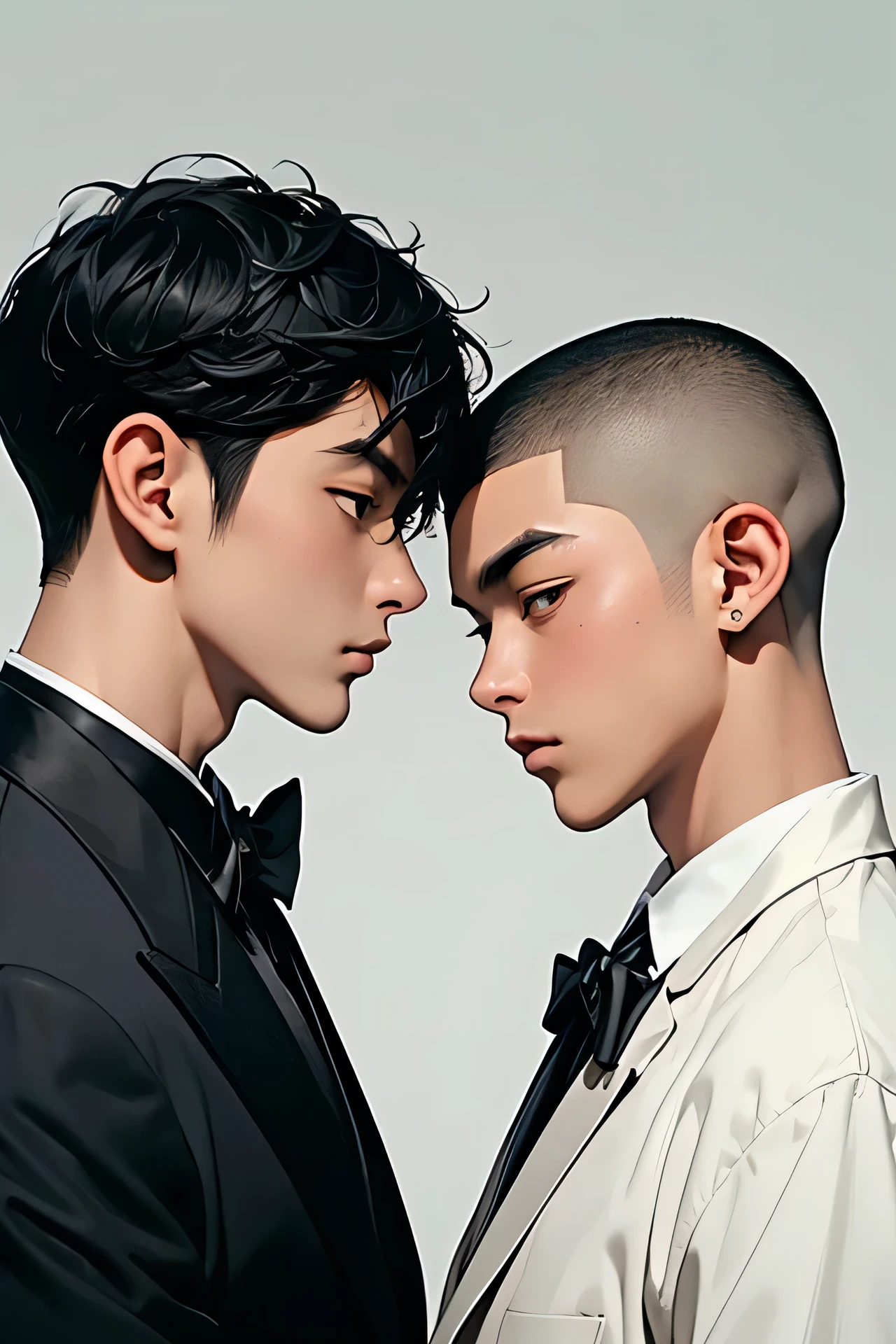 Japanese　　Handsome　Short cut　Shaved head　Black Hair　male　Black Tuxedo　formal　Upper Body　Being thin　Background Universe　Short cut　Shaved head　Men flirting with each other　