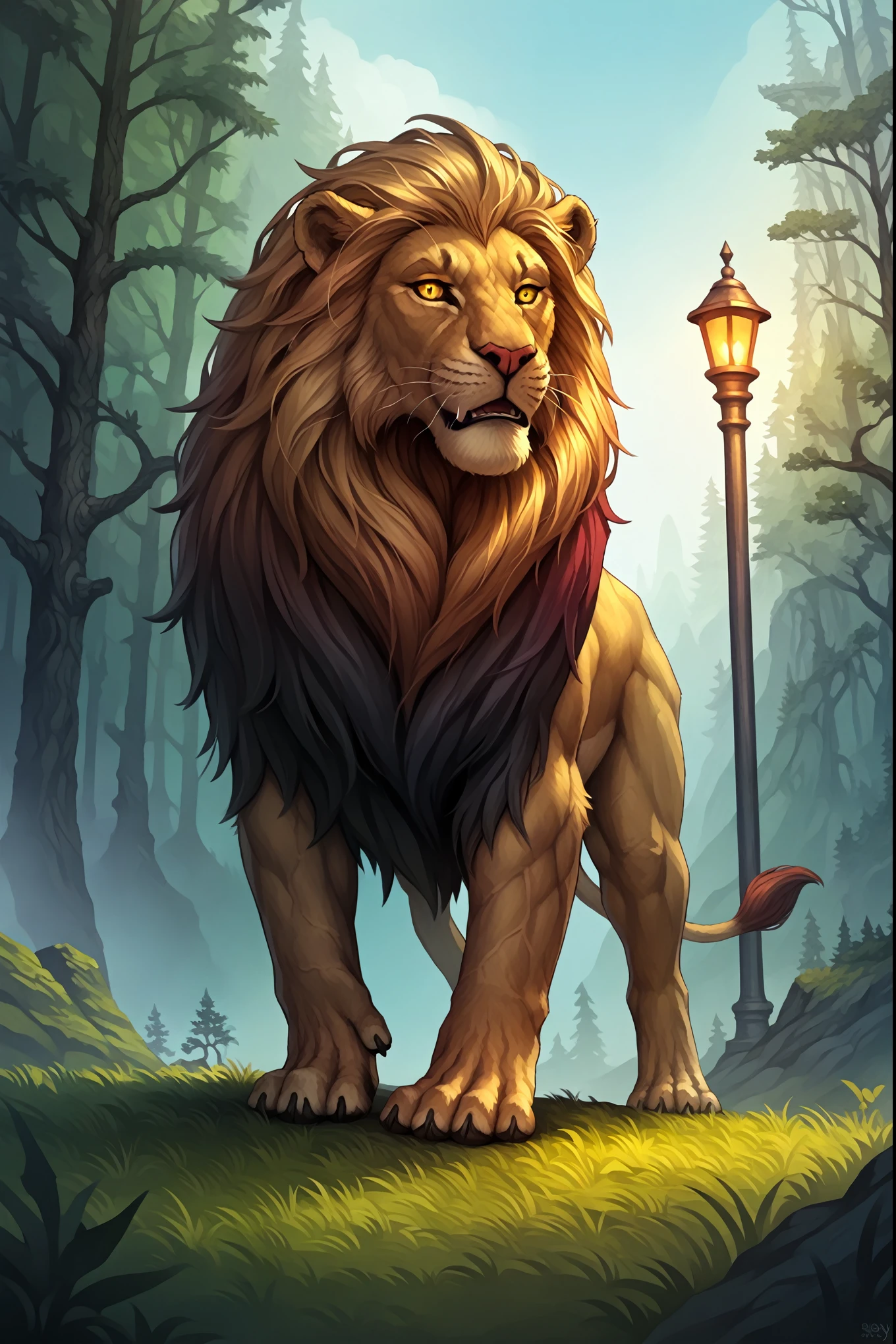 (zPDXL2), (PonyXLV6_Scores), source_cartoon, source_animal, rating_safe, asymmetric image, BREAK

a majestic lion standing on a forest plain, Aslan from The Chronicles of Narnia, king Aslan, (lion, large, muscular, detailed, detailed fur, detailed eyes, calm expression, powerful stance, looking directly at viewer), magical atmosphere, (glowing lamppost in background, tall and big lamppost), (highly detailed, best quality, 8k, masterpiece), detailed back ground, plain, forest, mist, detailed background, detailed foreground, 