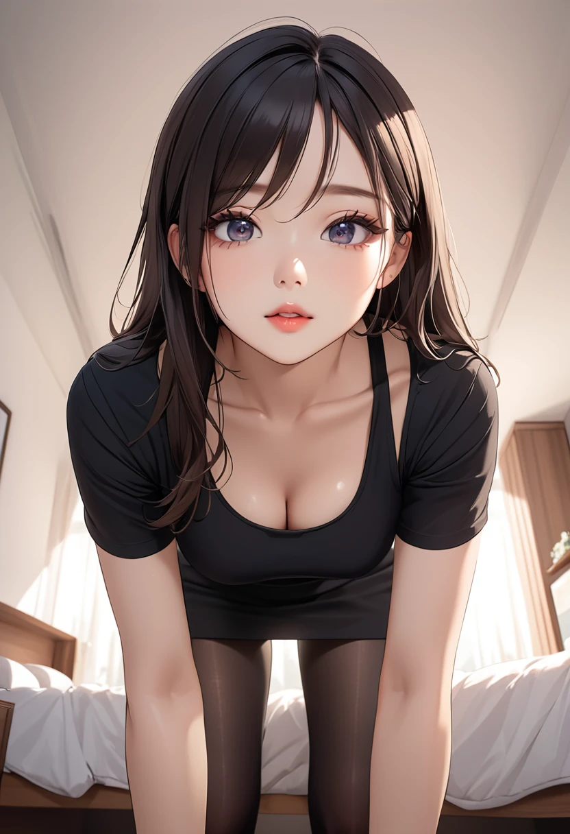 (((Masterpiece))), (portrait), Ayaka, diffused light, dynamic shadows, sharp focus, realistic, detailed, highres, absurdres, white background, (boobsqueeze), looking to the side, t-shirt, no bra, photorealistic, lifelike, wet, lips apart, (submissive kneeling)