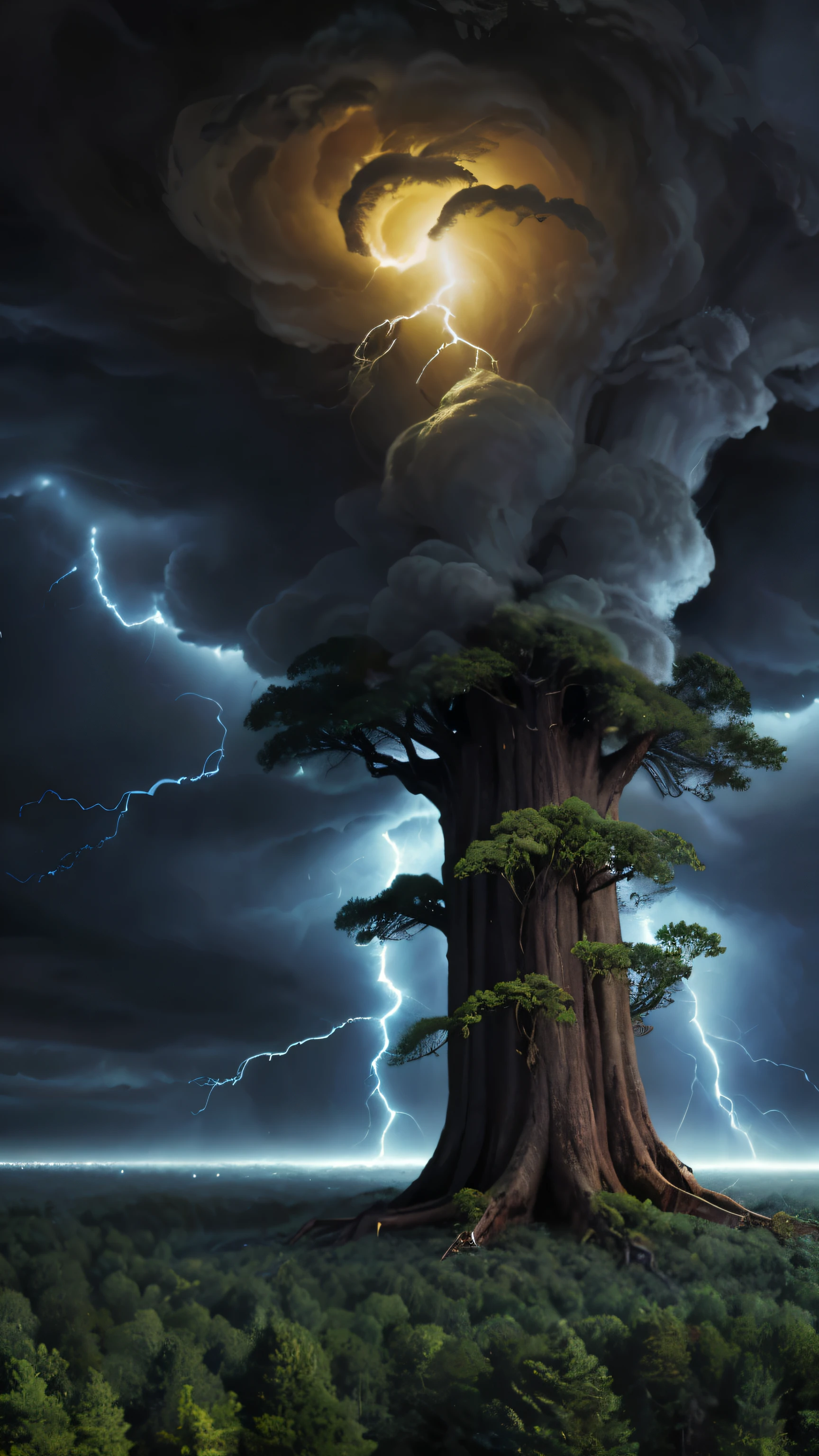 Big old tree, storm theme, forest background, tornado