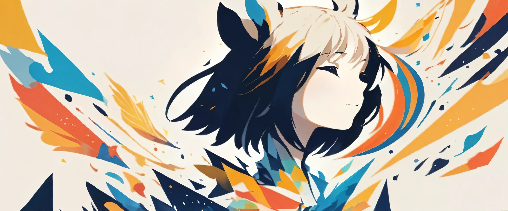 PORTRAIT OF A GIRL,1GIRL, illustration-style,modern, striking composition,sleek lines, unique pattern,abstract elements,geometric shapes,GEOMETRIC LOGO, , , expressive strokes , ,ANIMAL EARS, ANIMAL NOISE,CAPYBARA EARS, ANIMAL NOISE,ANIMAL headwear,SMILE, HALF CLOSE EYES, BROWN AND WHITE ANIMAL EARS,BROWN HAIR,((SILHOUETTE:2)),SIDE VIEW,FANTASY,EPIC, SPARKS,