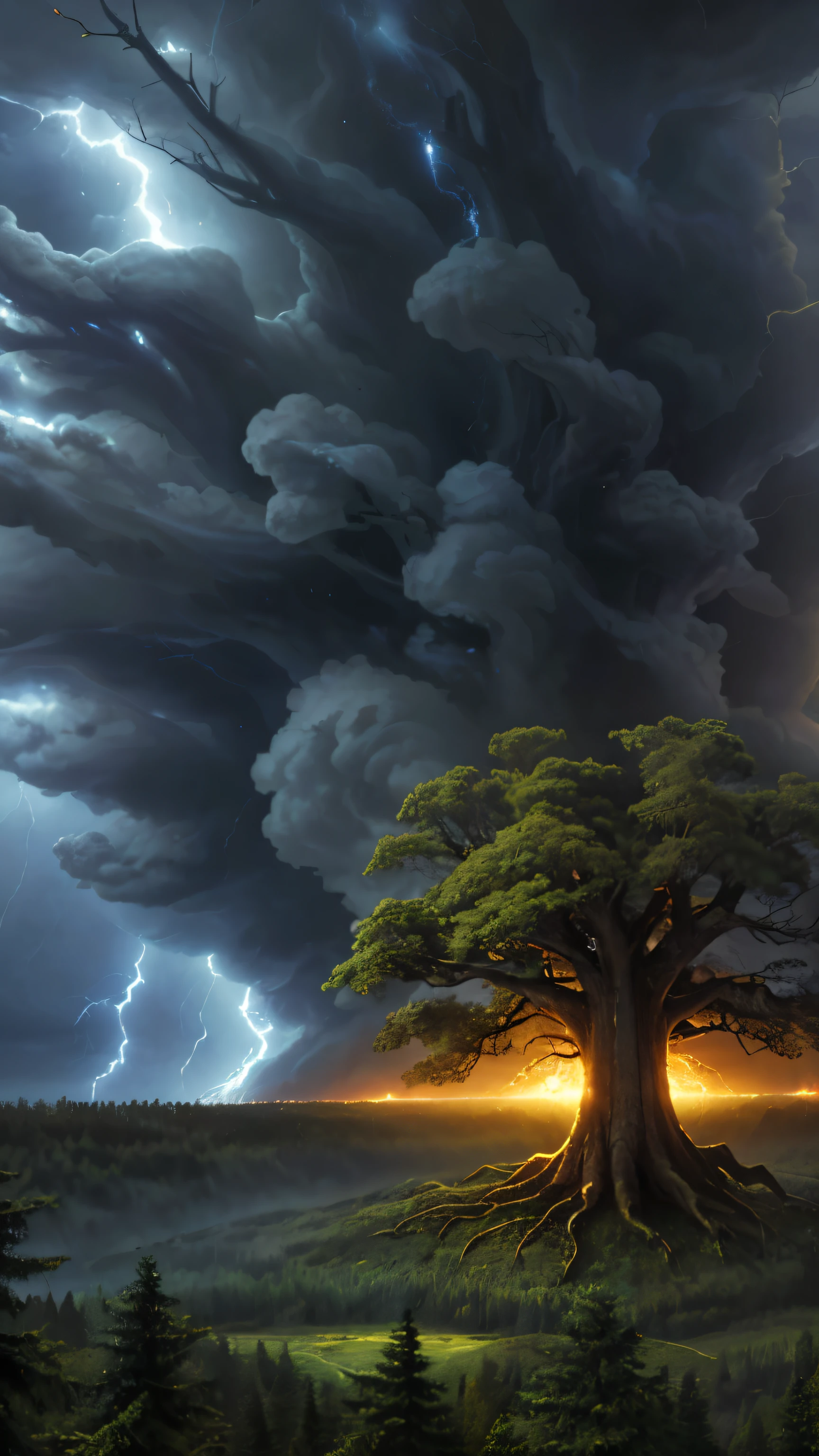 Old tree, storm theme, forest background, 