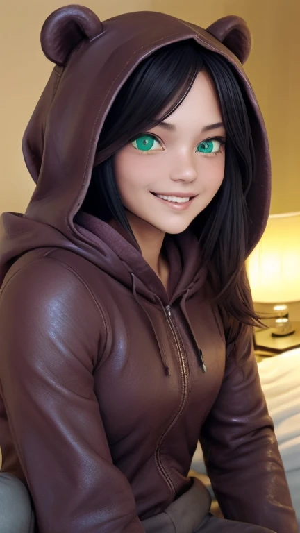 beautiful, (masterpiece), The best quality, (extremely DETAILED face), extremely DETAILED eyes,  perfect lighting, OverallDetail, DETAILED, deep skin,textured leather,
,bear costume ,black bear costume, mangas largas, hood up,,mauve , long hair, green eyes, big smile,in bed ,Sitting between pillows,
,