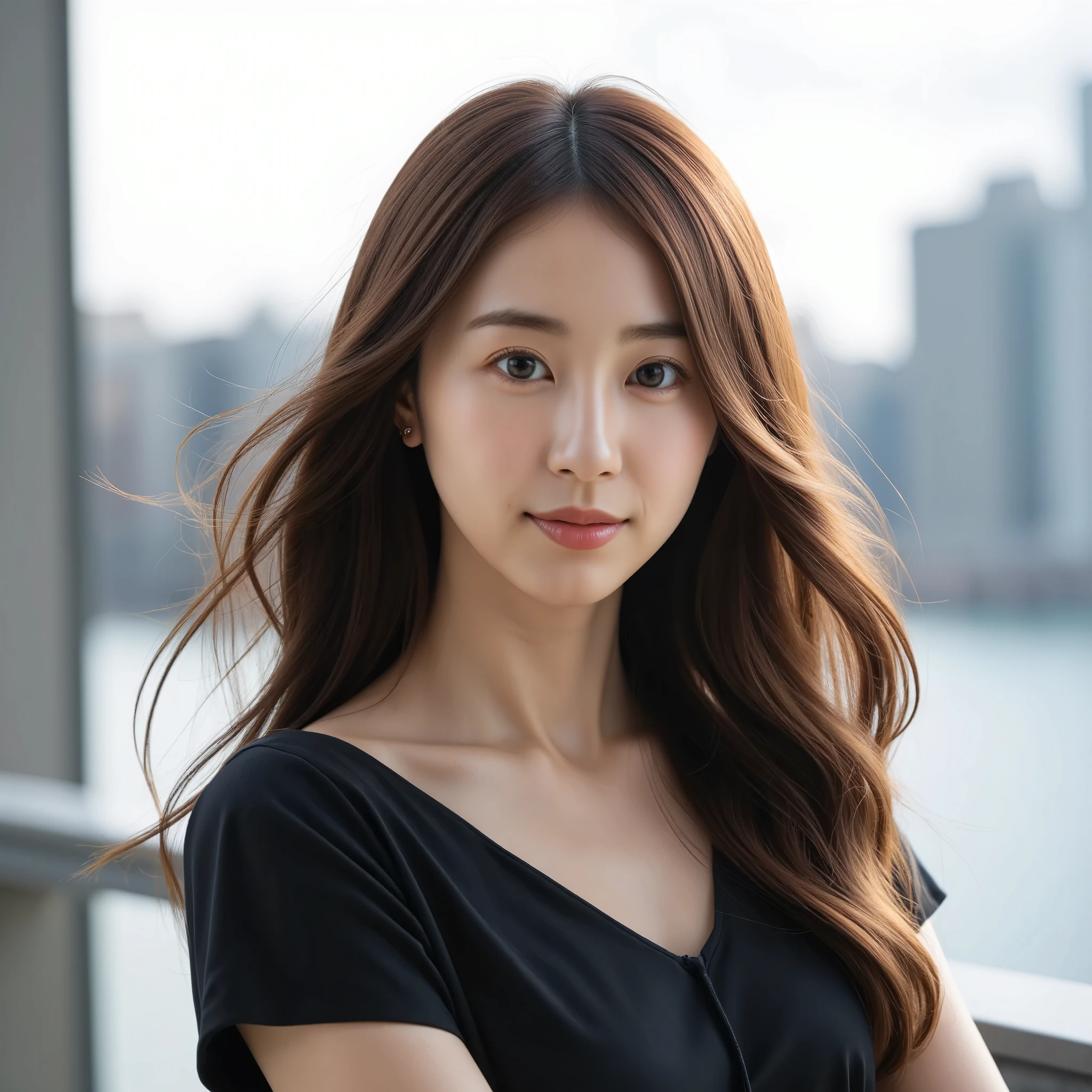 A portrait of a young east-asian woman with long messy brown hair, standing outdoors near a body of water,((grin )),with a soft focus background and natural lighting, ((flowing hair in the window)), 