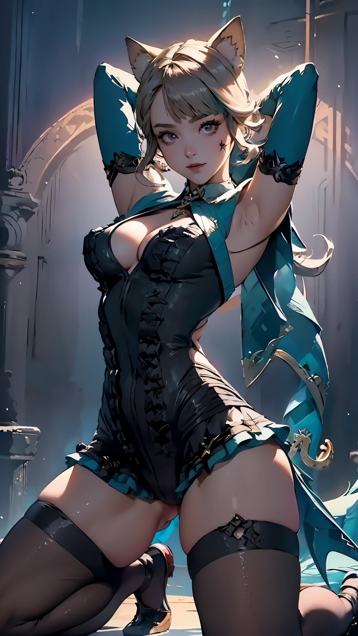 1 girl, full body, high detailed face, high detailed dress, smile, looking at viewer, armpits, arms up, standing up, dynamic pose, medium breasts, cleavage, sexy, perfect round ass, black stockings, theatre scenario, magic performance, kneeling, horny, nsfw 