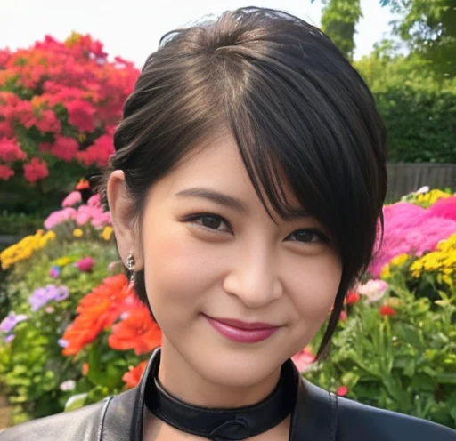 最high quality, 8k, Vibrant, Sharp focus, high quality, High resolution, Middle-aged women, Mature Woman, 5, (Whole Body Ezbian), (High heels face detail, Highly detailed eyes, Plump figure、Plump face、((big 1.6))、(((Large Breasts)))、((Black leather clothing))、garden、Random Hairstyles、A kind smile、