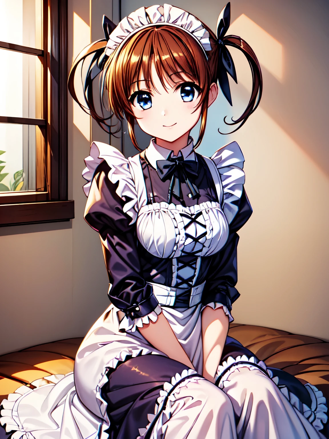 Best Quality、High resolution, Best Quality,Otome、One Girl、(Sitting),Shooting from the front、smile、(Anime illustration style),Long Hair、takamachi nanoha, Brown Hair, Twin tails, blue eyes、Mouth closed、standing、White maid outfit、(Victorian maid outfit:1.5), Very detailedな顔, perfect lighting, Very detailedなCG, (Perfect Anatomy),Sharp focus, (Very detailed, bloom, Shine)、(Genuine、Realistic、Realistic)、High resolution、超High resolution、Ultra-fine painting,