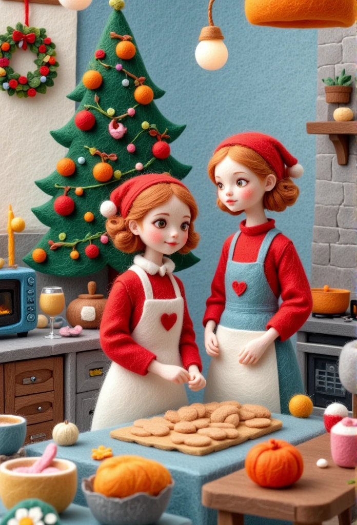 A delicate felt painting：Cartoon mother and daughter in aprons cooking Christmas daughter dressed as Santa Claus daughter is twins Christmas tree