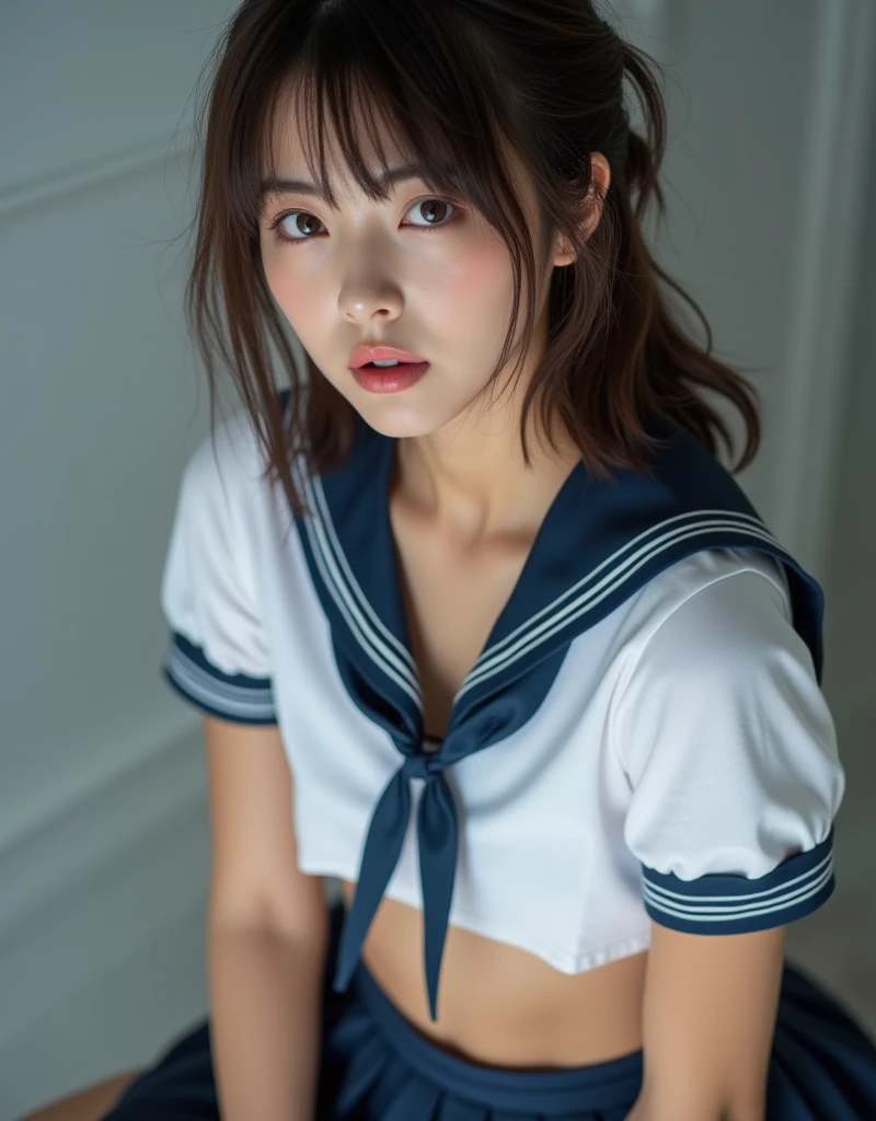 (One Girl), ((Very cute face)), Great face and eyes, (Highly detailed eyes, Highly detailed face), Fresh, Very beautiful appearance, (Ultra-realistic, High resolution), (highest quality:1.4), RAW Photos, (Realistic, Realistic:1.37), Professional photography , (see-through sailor uniform:1.1)  , Smile a little, (look at me) , Portrait of a Girl  , (gigantic breasts:1.3)   , ((()))   , ((junior high rown short hair:0.9) , (wavy hair:1.3) , (Nipples visible through sailor uniform:1.3) , (Please tilt your head a little) , Perfect nipples , ((Nipples are light pink )) , ((light pink areola))  ,  (sweating cleavage:1.2) , (cum on her breasts ) , (small nipples) , (full body) , (lying down on the bed:1.3) , (young face:1.3) , (little girl:1.3) , (on your back:1.4) ng face:1.7) , (bare breasts:1.5) , (naked:1.3) , (bed on the back:1.3) , (braided hair:1.2) , (spread legs:1.2)