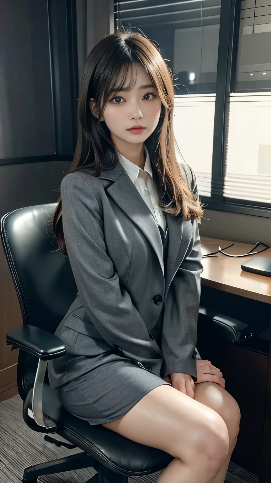 highres, ultra detailed, photorealistic, cenematic lighting, 1 beautiful japanese woman, highly detailed beautiful face, medium hair, beautiful legs, furious, scolding, darkgray formal suit, sitting on the chair, office