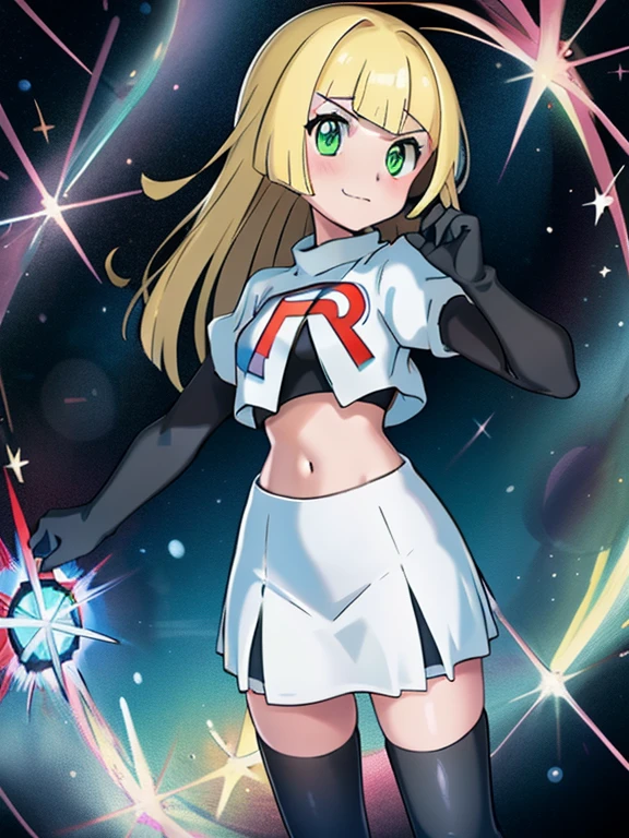 One girl,(best quality), (expensive_quality), (Complex_detailed), (超detailed), (Illustration), (clear_image),Saito_Naoki,Saito_Naoki,lillie \(pokemon\) ,teenage,highly saturated colors,pubic hair,(((Team Rocket uniform))), Red letter R, White Skirt,White crop top,Black thigh-high boots, Black Elbow Gloves Presented, Evil villain face,