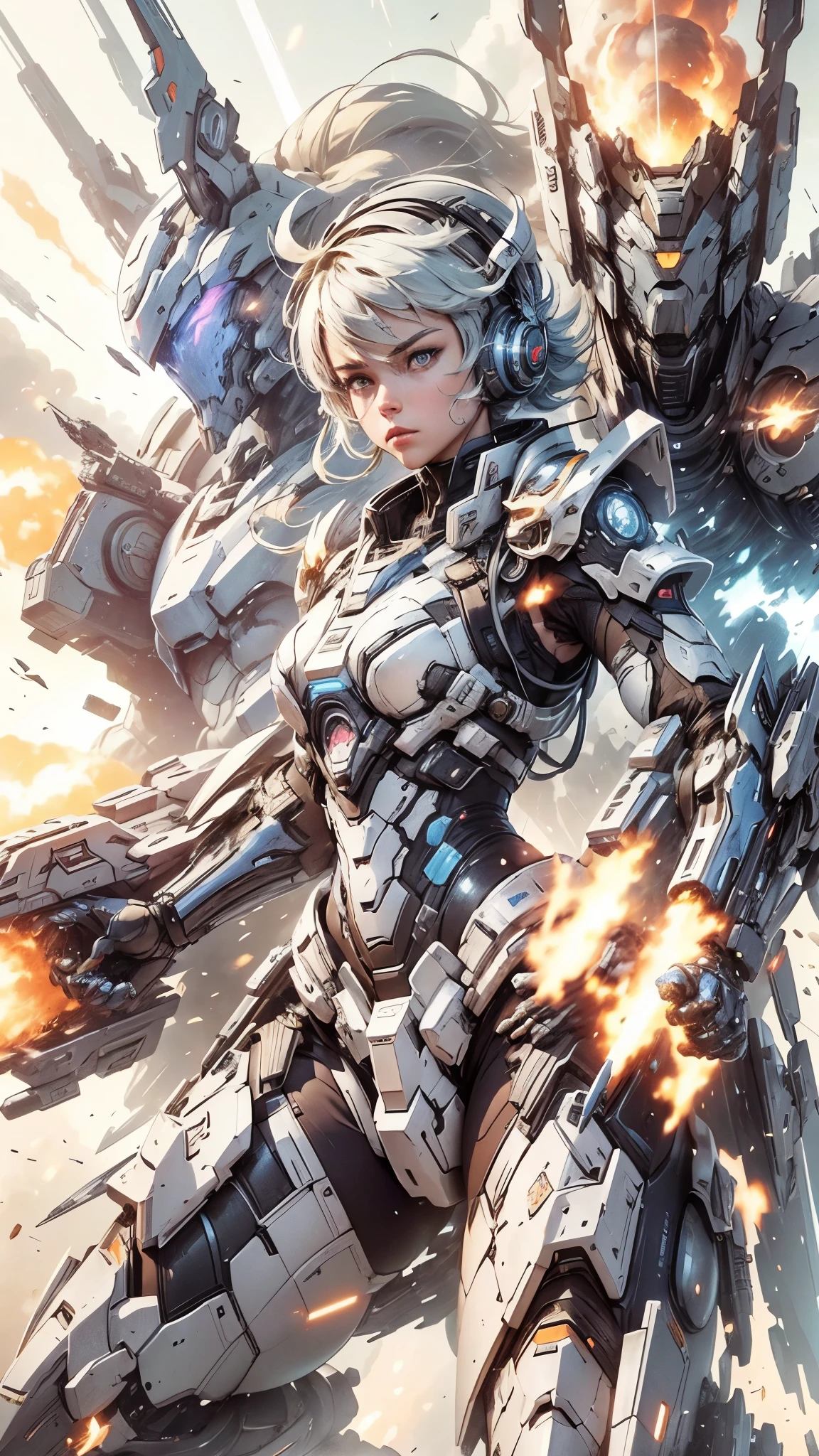 top-quality、masutepiece、4K、ighly detailed、A scene in which a girl in a cybersuit riding a flying mecha almost collides with a high school boy