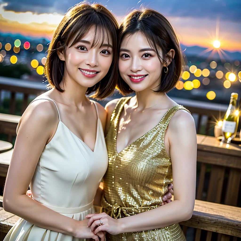 ((Best Masterpiece)), ((High Quality)), ((Real)), ((8k)) Yukata, Japan Yukata, Fireworks Display, Japan persons, 24 years old, 2 Beauties, Slender, Open chest, cleavage, Sony SLR photography, 1 Long hair, 1 Bob hair, Looking at camera, Yatai,Smiling, Night, Background realistic, Photography, Pink yukata, Light blue yukata, Moles under eyes, Moles around the mouth