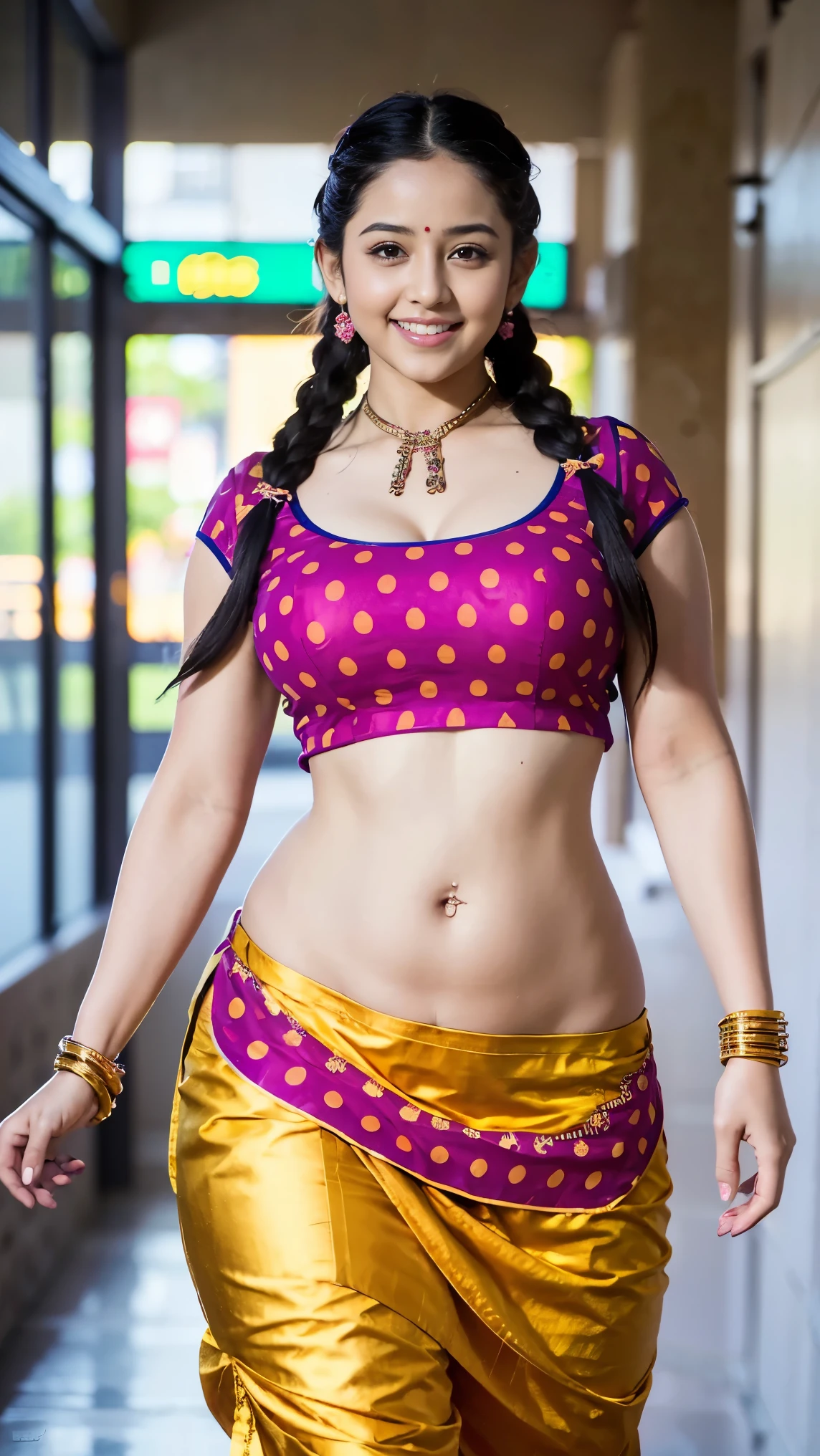 HD wallpaper 32k cinematic shoot of a Beautiful cute girl, with thick thighs and a curvy waist, twin braids, wearing an Indian blouse top, horny, seductively, in a school corridor, dotted blouse top, smiling, ((long curvy waist)), ((lowwaist))