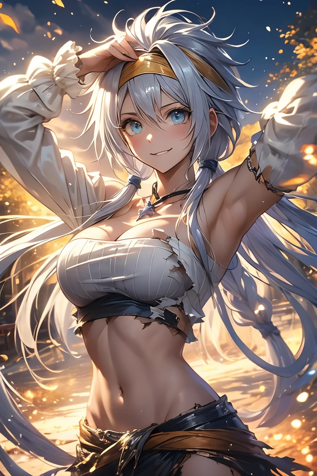 （（（ＳＦＷ、Highest quality、First Class、masterpiece、Normal body、8k、Detailed face、Ultra-precision、Normal hand、Normal finger、Highest、Takumi）））、Velzard、VELZARD、Beauty、Silver Hair、Tube tops、Yellow Hairband、-That Time I Got Reincarnated as a Slime-、Big Breasts、Cleavage、Captivating smile、Chopped up clothes、Torn clothing、Torn clothing