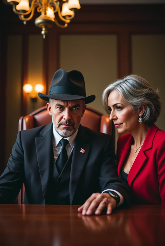 Create an image depicting a powerful mafia boss sitting at a large, ornate wooden desk in a luxurious, dimly lit office. The boss, a middle-aged man with a stern expression, is dressed in a tailored black suit and wearing a fedora. He is surrounded by expensive decorations, such as an antique chandelier and fine leather furniture. Next to him is a confident, poised mature woman with shoulder-length salt-and-pepper hair, wearing an elegant red dress and fine jewelry. The atmosphere is tense yet sophisticated, conveying a sense of authority and intrigue.