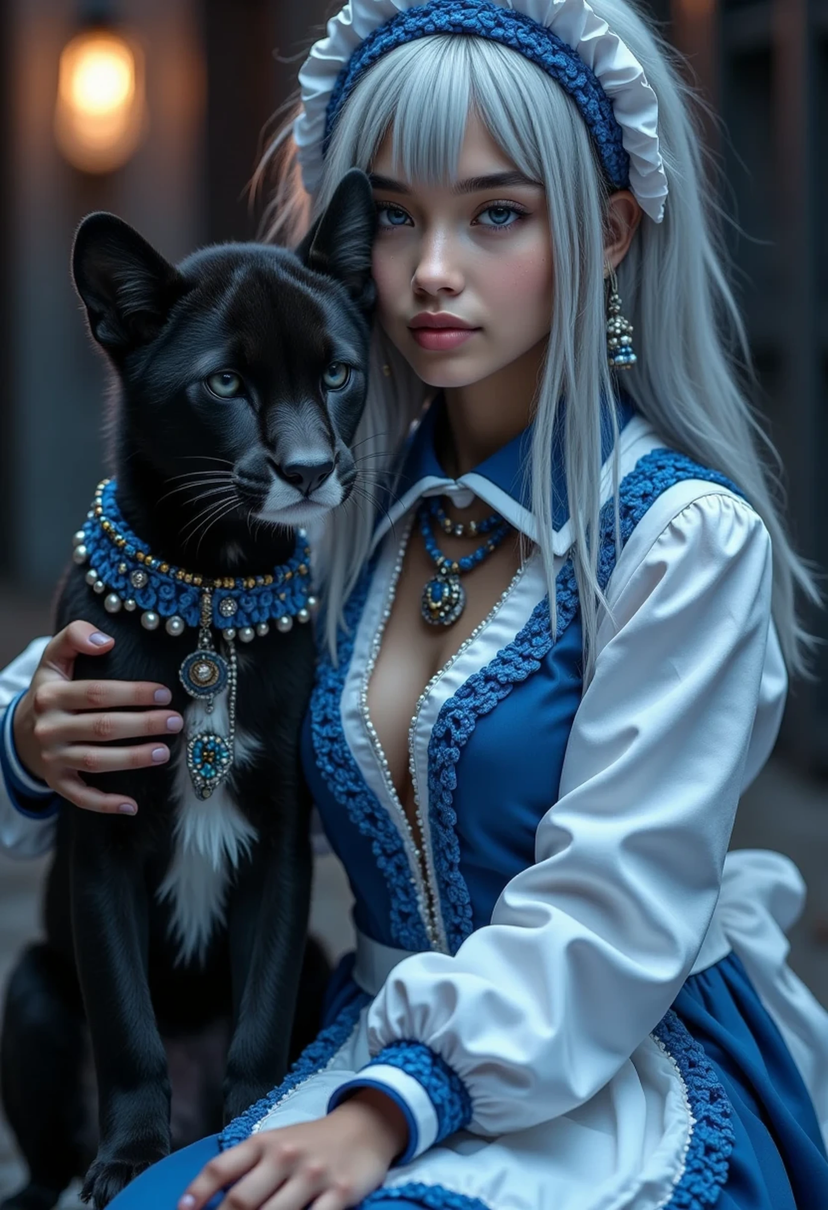 ((16 Nights Sakiya)), ((Touhou Project)), Cosplay, 20-year-old woman, with a black cheetah, (((gray hair)), ((medium spiky hair)), ((blue maid outfit)), ((white blouse)), midchest, (light)))), (pose))), (photorealistic photo: 1.3), rim lighting, (high detail skin:1.2), 8K UHD, dslr, high quality, high resolution, 4K, 8K, Bokeh, Absurdity, Best ratio four fingers and one thumb, (Real:1.3), Cutest 1 Girl, Lots of Knives