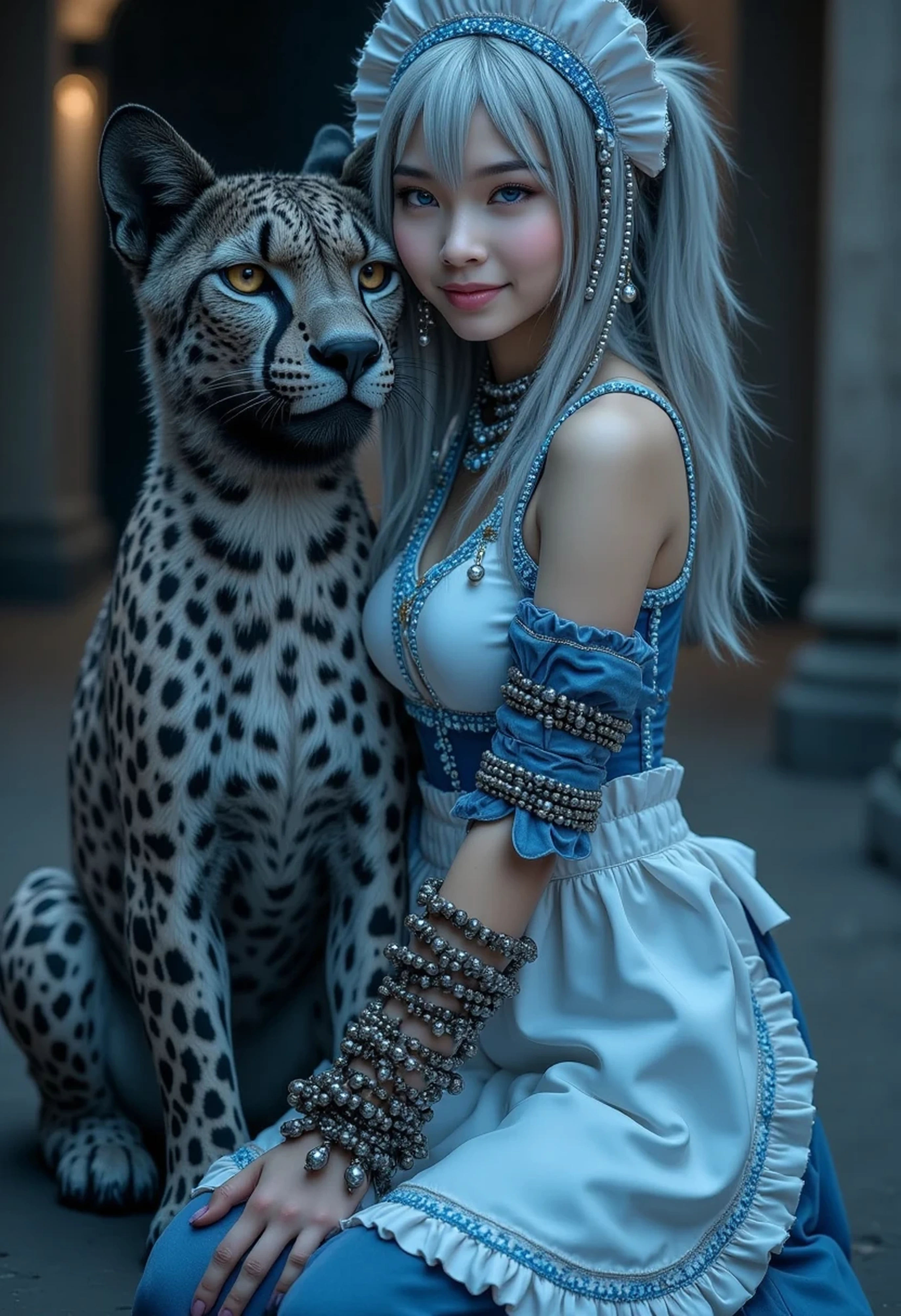 ((16 Nights Sakiya)), ((Touhou Project)), Cosplay, 20-year-old woman, with a black cheetah, (((gray hair)), ((medium spiky hair)), ((blue maid outfit)), ((white blouse)), midchest, (light)))), (pose))), (photorealistic photo: 1.3), rim lighting, (high detail skin:1.2), 8K UHD, dslr, high quality, high resolution, 4K, 8K, Bokeh, Absurdity, Best ratio four fingers and one thumb, (Real:1.3), Cutest 1 Girl, Lots of Knives