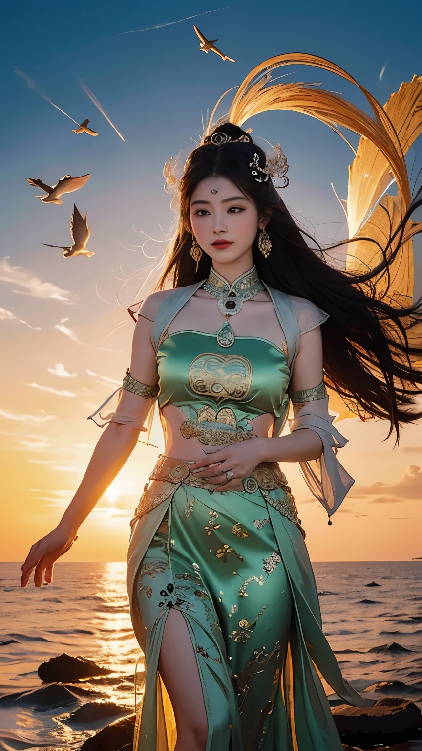 ancient chinese goddess, guanyin of the southern seas, guanyin, Inspired by India, Avalokiteşvara rides in Phoenix，,serene expressions,shui mo hua,Buddha,budista,lotuses,chinese painting style,Thangka style