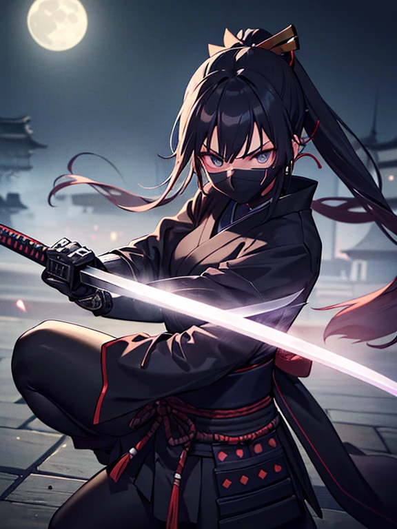 1girl, beautiful, ((ninja)), ninja_clothes, black mask, detailed face, dagger, (holding a samurai sword:1.2), battle stance, backboard of japanese castle, night, moon light, intricate details, cinematic lighting, moody atmosphere, dramatic shadows, (best quality, 4k, 8k, highres ,masterpiece:1.2), ultra-detailed, extremely detailed, realistic, studio lighting, physically-based rendering, vivid colors, professional