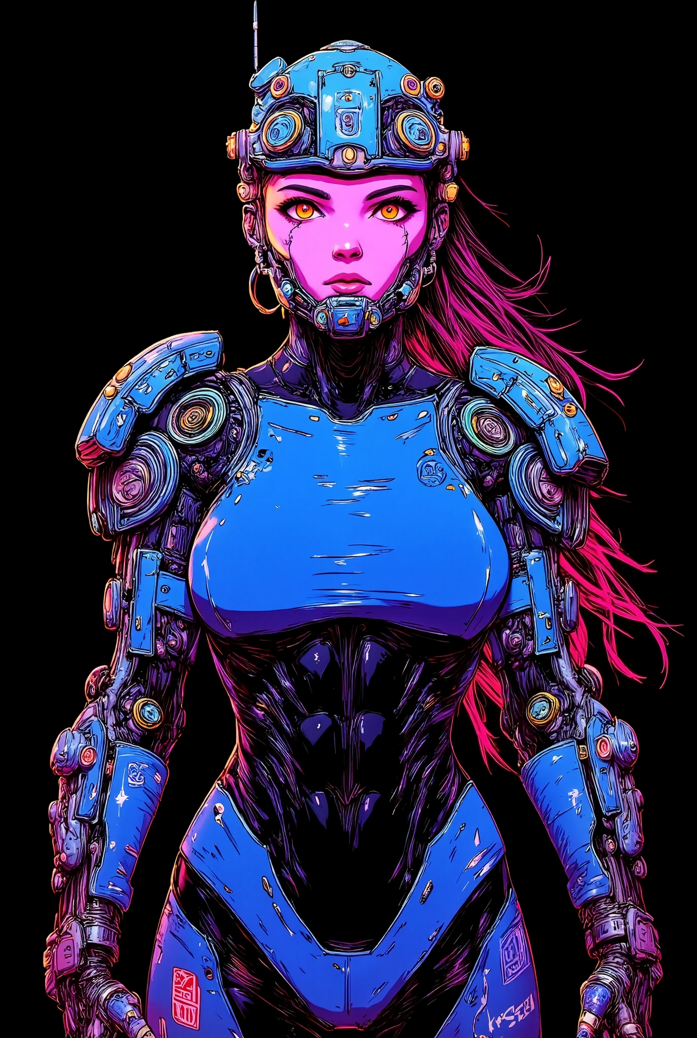 (Super sexy make-up:0.5),(Fitness muscle:2.0),(1 female:2.0),（huge breasts:4.8）,(Sagging breasts：3.5），(Space Bounty Hunter:2.0)， (Exaggerated oversize mechanical arm armor, 2.0),Arm up,(Space Force Blue Bodysuit:2.0)，Abstract biotech helmet,(Science Fiction:2.0),(Visual Effects:2.0),(Upper body close-up:2.0),(Dynamic:2.0),(serious:2.0),(Burning red eyes close-up:2.0),(Shining Effect:2.0),(Science Fiction动漫吸睛:2.0),neon line art,Black background，