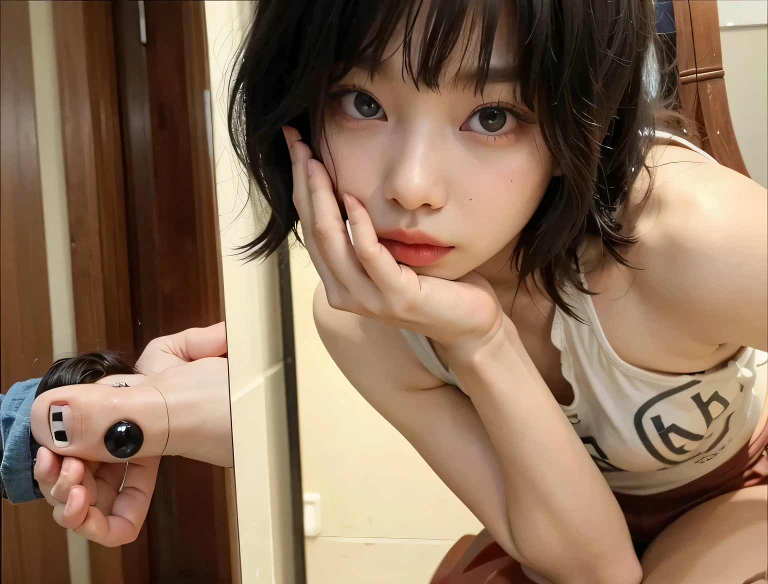 there is a woman with a nose ring sitting in a chair, Ulzzang, coreana, kawaii realista portrait, cruel korean goth girl, Jennie, Kim Jennie, Blackpink, Hanni, NewJeans, Doll face, Fox eyes, Short Hair, Black hair, Korean, Asian, Pretty, Lady, Big eyes, White skin, Cool tone.