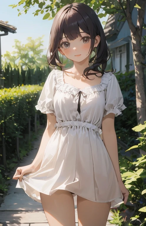 Girl in a summer dress, White blouse, Shorts, pantiesストッキングまたは靴下, It&#39;s like he wants to kiss you, View from the audience, Medium Breast, Clevis, random background, Frivolous appearance。, ((Very detailed)), (Perfectly detailed face), (Carefully crafted) Photorealistic images.Seductive pose，panties，raceパンスト，Adorable，lipstick，Protruding buttocks，race