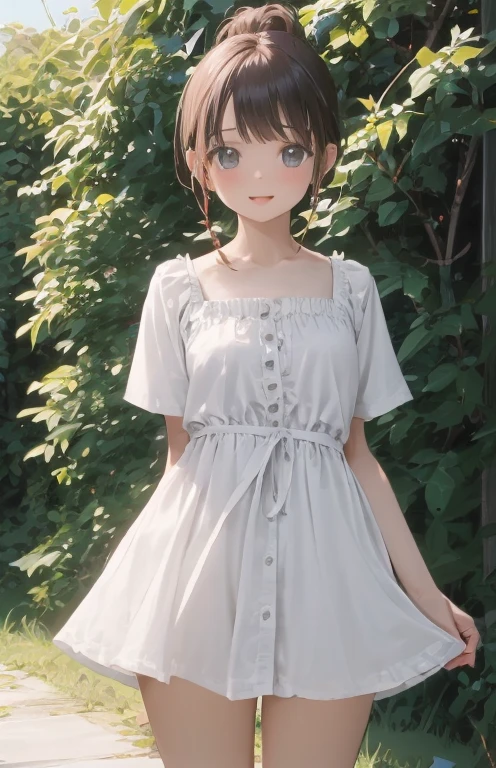 Girl in a summer dress, White blouse, Shorts, pantiesストッキングまたは靴下, It&#39;s like he wants to kiss you, View from the audience, Medium Breast, Clevis, random background, Frivolous appearance。, ((Very detailed)), (Perfectly detailed face), (Carefully crafted) Photorealistic images.Seductive pose，panties，raceパンスト，Adorable，lipstick，Protruding buttocks，race