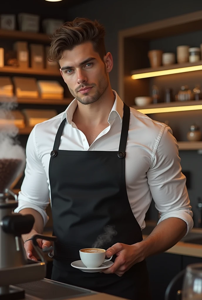 The Handsome Barista
A tall, muscular 20-year-old barista stands behind the counter of a trendy coffee shop, his smooth white skin glowing under the soft ambient lights. He wears a fitted black apron over a partially unbuttoned white shirt, revealing his large chest and toned arms. His short hairstyle is slightly messy, and steam rises from the espresso machine as he prepares a cup of coffee with expert precision. The background is filled with shelves of coffee beans, pastries on display, and minimalist décor. His smoldering gaze meets the viewer’s as he hands over the freshly brewed drink, exuding warmth, sensuality, and charm.